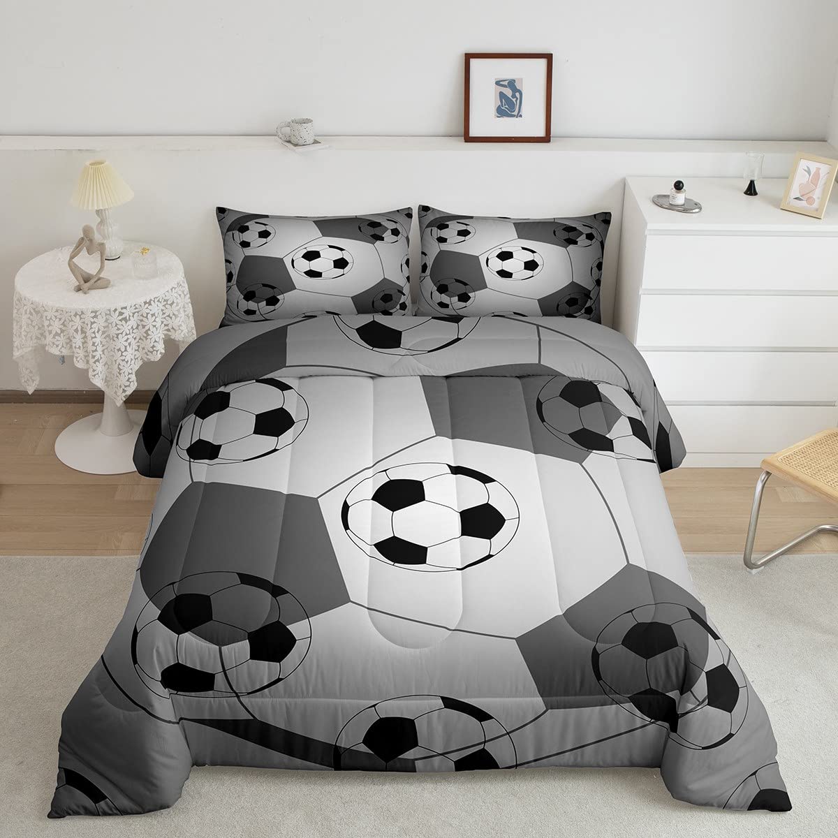 Juego de edredón de fútbol con temática deportiva, juego de cama de pelota de fútbol, juego de edredón acolchado gris para niños, niñas, adolescentes, microfibra, tamaño King, 3 piezas