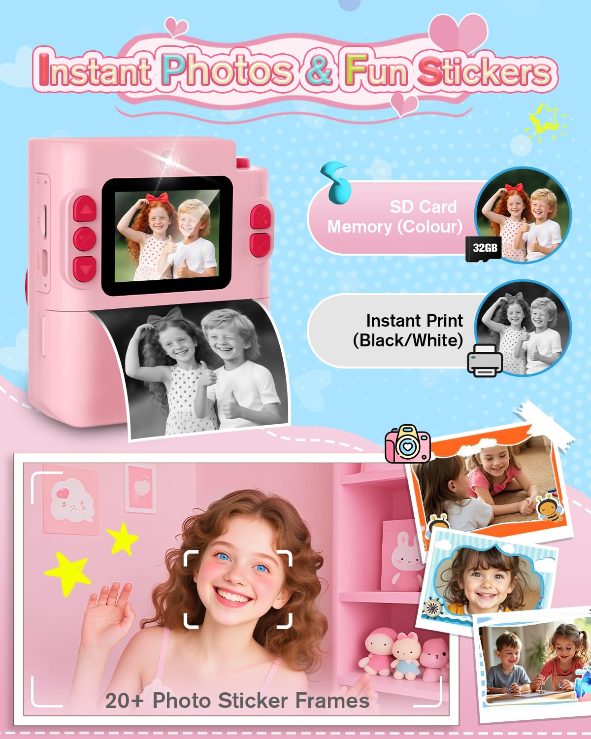 Sofortbildkamera Kinder, 1080P HD Kinderkamera Sofortbildkamera mit 32GB Karte & DruckerPapier, Kinderspielzeug Geburtstag und Weihnachten Geschenke für Jungen/Mädchen 3-12 Jahren (Rosa)