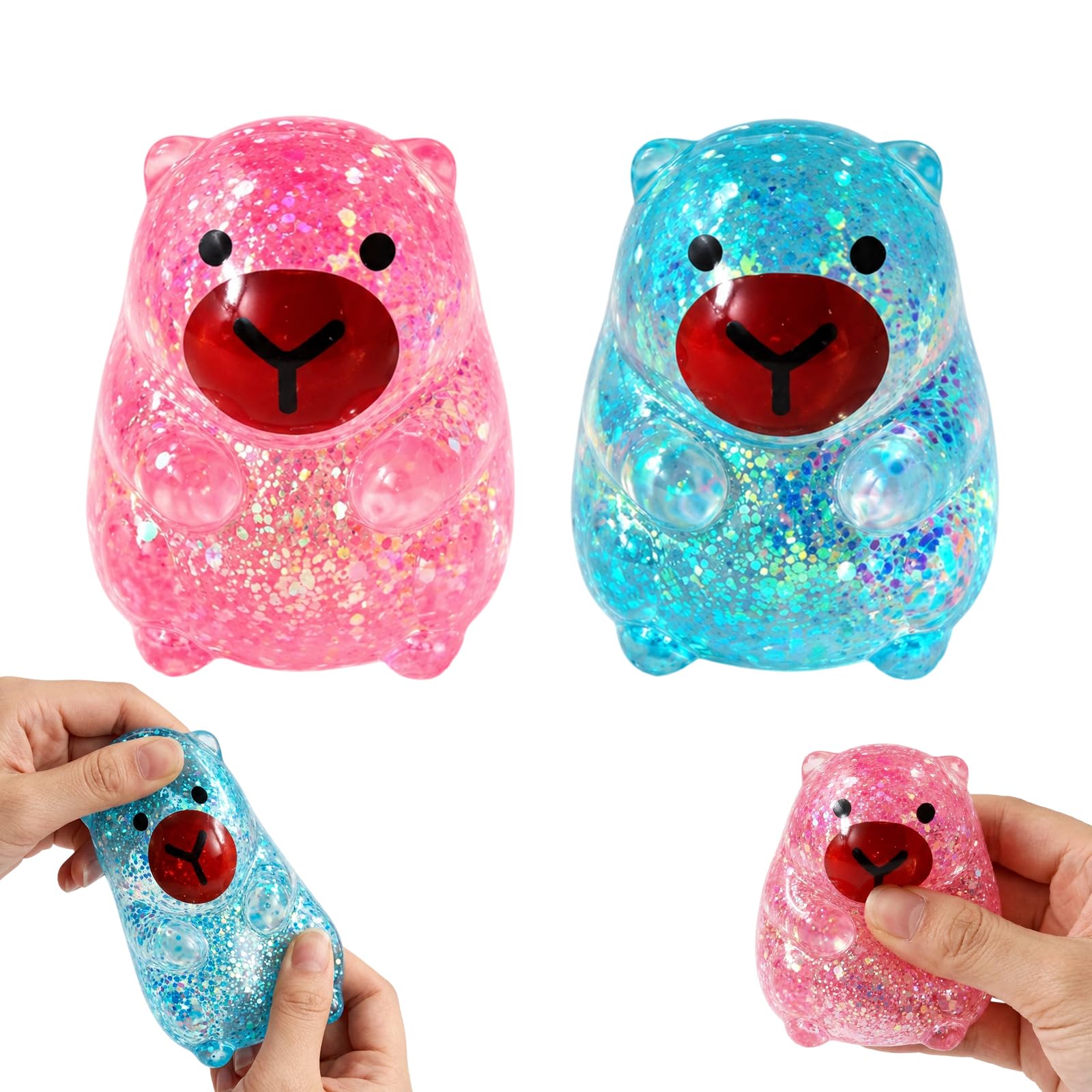 Capybara Squishy, Squishy Stress Ball, 2 Pcs Glitter Animal Squishies, Soft Slow Rising Squishies Ornaments, Squishy Fidget for Home Travel Desk (Pink+Blue)