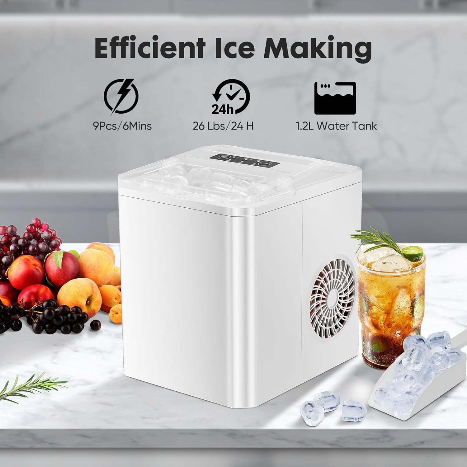 Sweetcrispy Countertop Ice Maker, Portable Ice Machine Self-Cleaning, 9 Cubes In 6 Mins, 26 Lbs/24hrs, 2 Sizes Of Bullet Ice For Home Party Office,Elegant White on Fridge.com - View 2