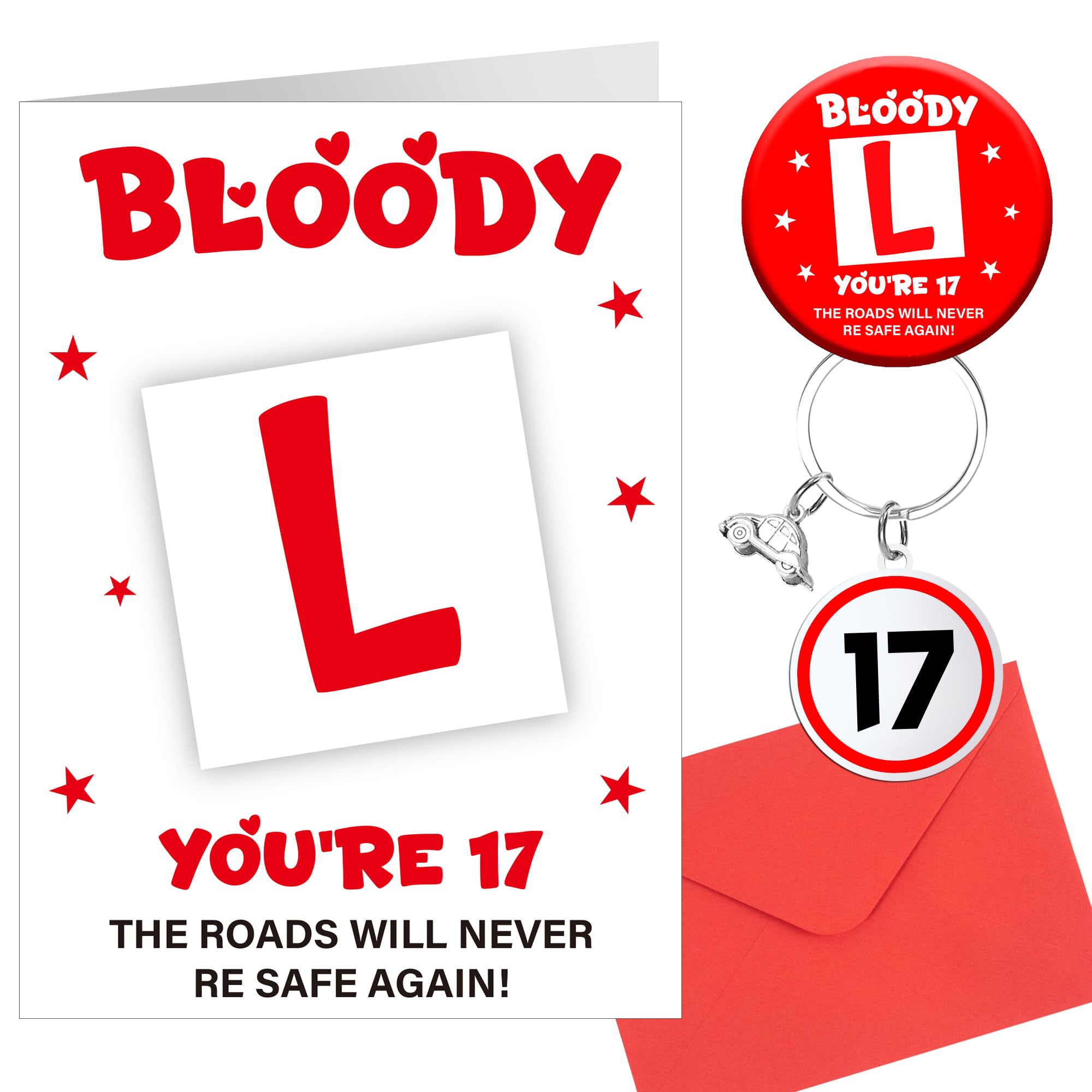 LPPIIUSSU 17th Birthday Card Keyring Badge - 4 Pcs Funny New Learner Driver Gifts Bloody L Cards Envelopes For Teens 17 Year Old Party Boys Girls Sons Daughters Brothers Sisters