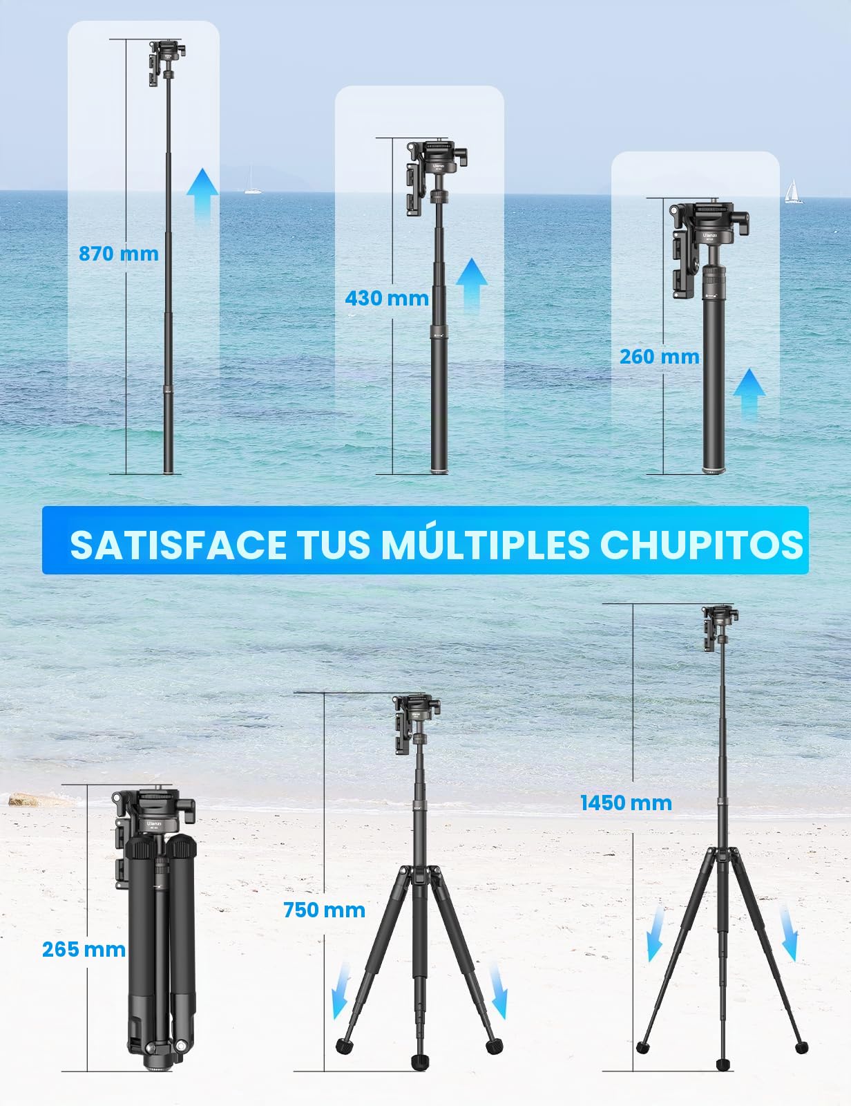 ULANZI MT-63 Mini trípode para teléfono, trípode de cámara extensible de aleación de aluminio plegable portátil de 57 pulgadas con clip para teléfono 2 en 1, trípode ligero de viaje con cabeza de bola