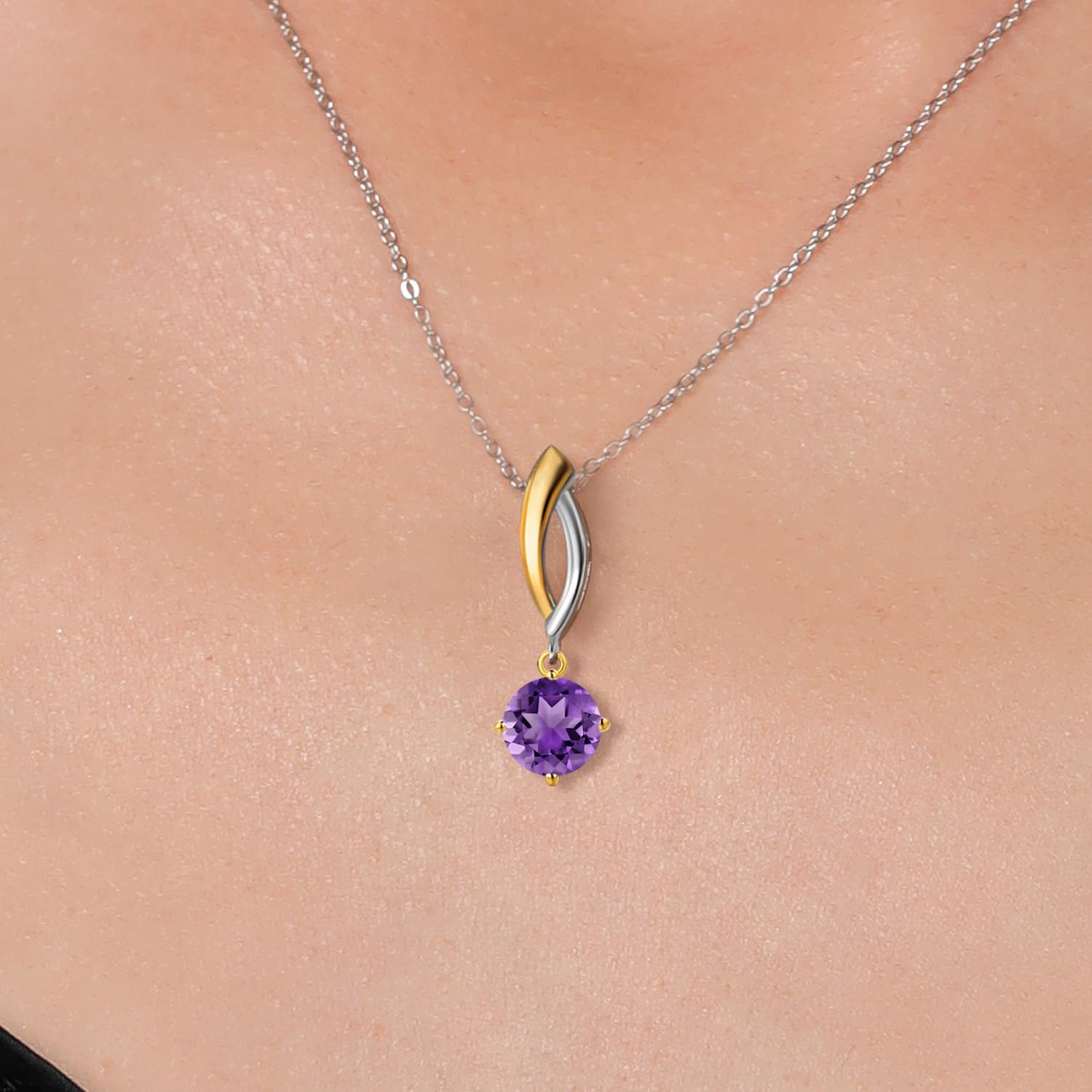 Gem Stone King 925 Silver and 10K Yellow Gold Purple Amethyst Pendant Necklace for Women | 1.00 Cttw | Gemstone February Birthstone | Round 6MM | With 18 Inch Silver Chain - Image 3