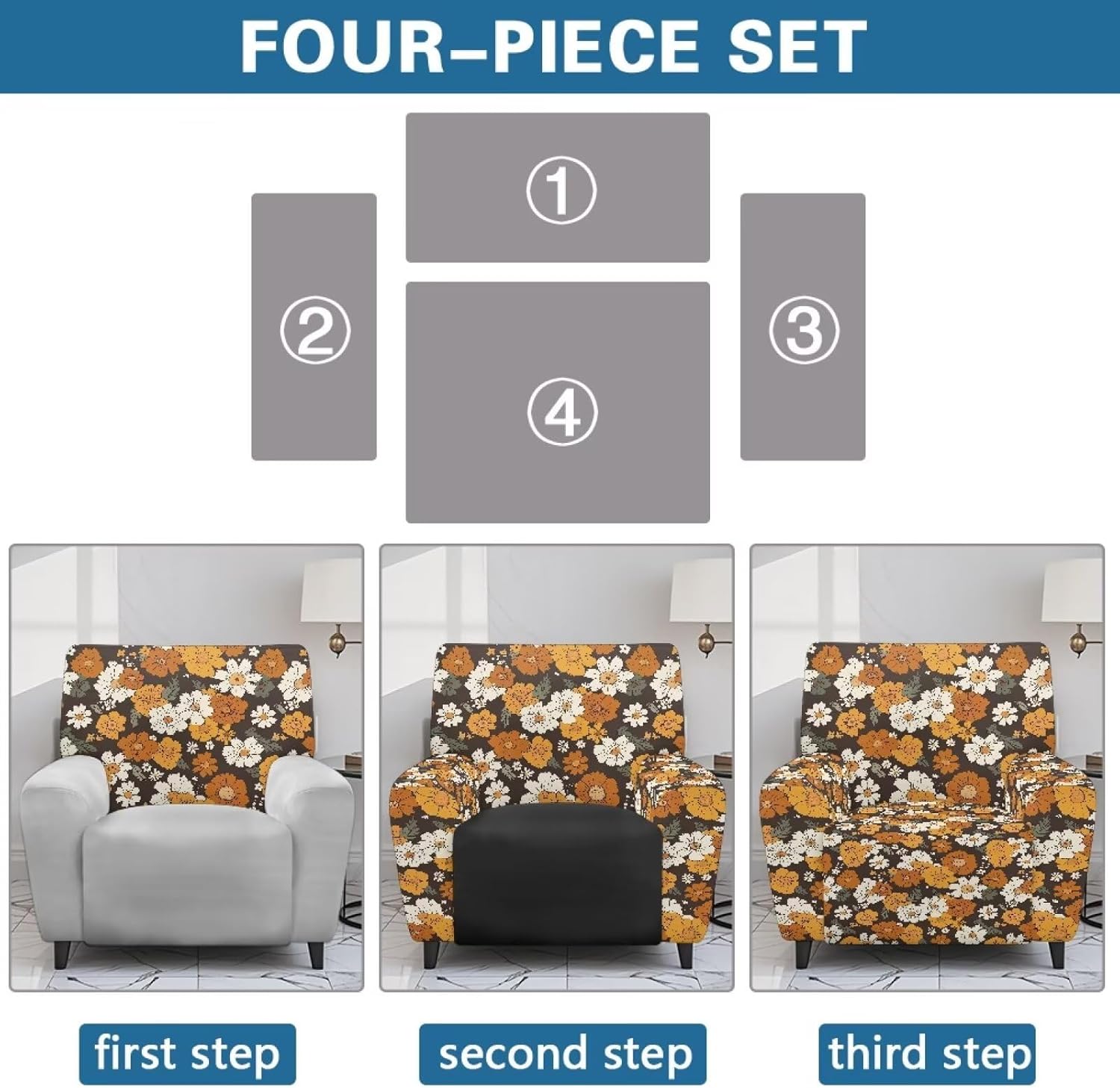 Daisy Flower Recliner Slipcovers Stretch Recliner Chair Cover 4-Pieces Chair Covers Non Slip Reclining Furniture Protector Couch Cover 1 Seat Sofa Recliner Protector