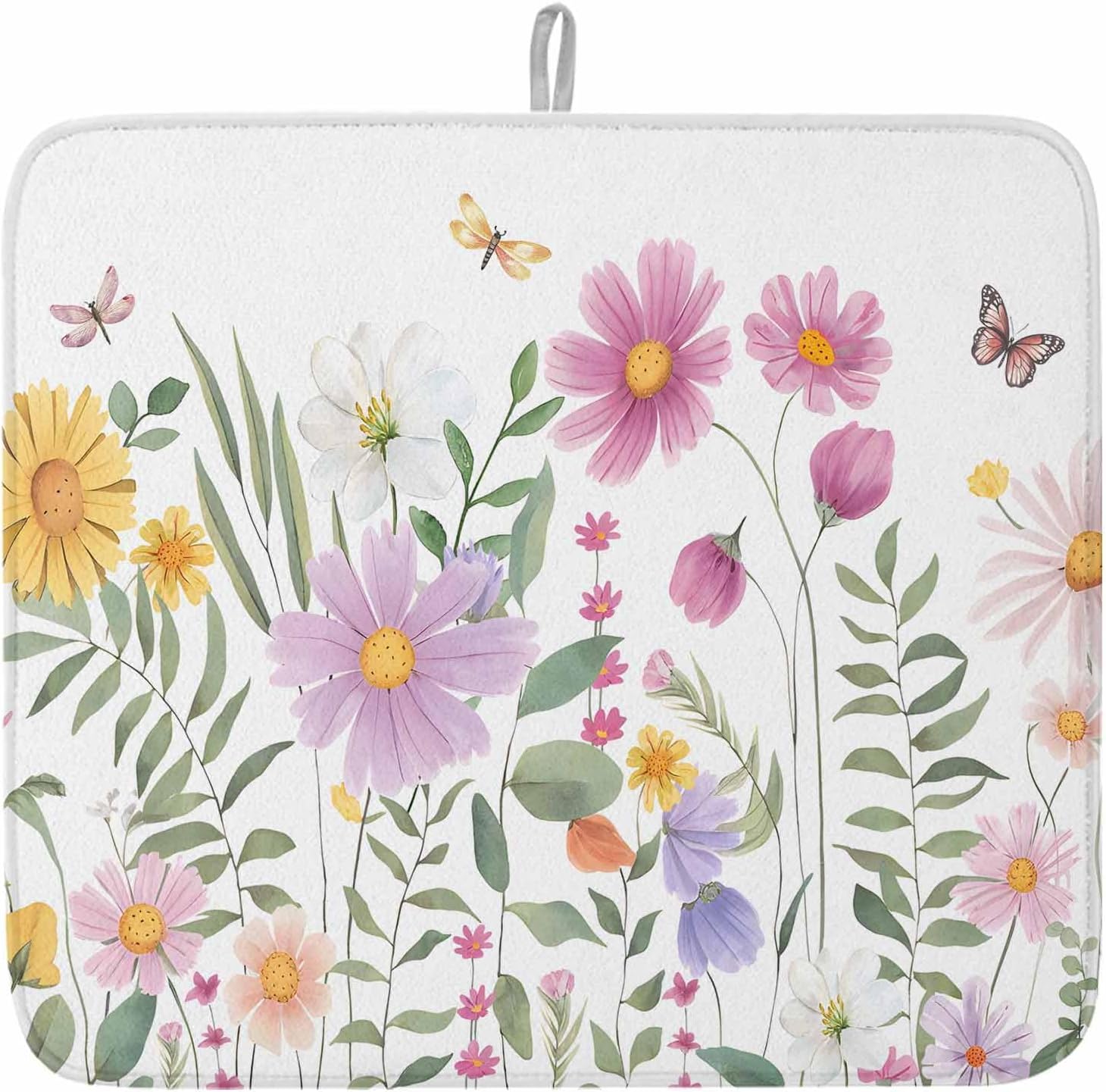 Dish Drying Mat Set of 2 Spring Vintage Wild Flowers Microfiber Absorbent Reusable Washable Dish Drying Rack Mat Farmhouse Florals Coffee Mat for Coffee Maker Bar Kitchen Countertops 16x18inch