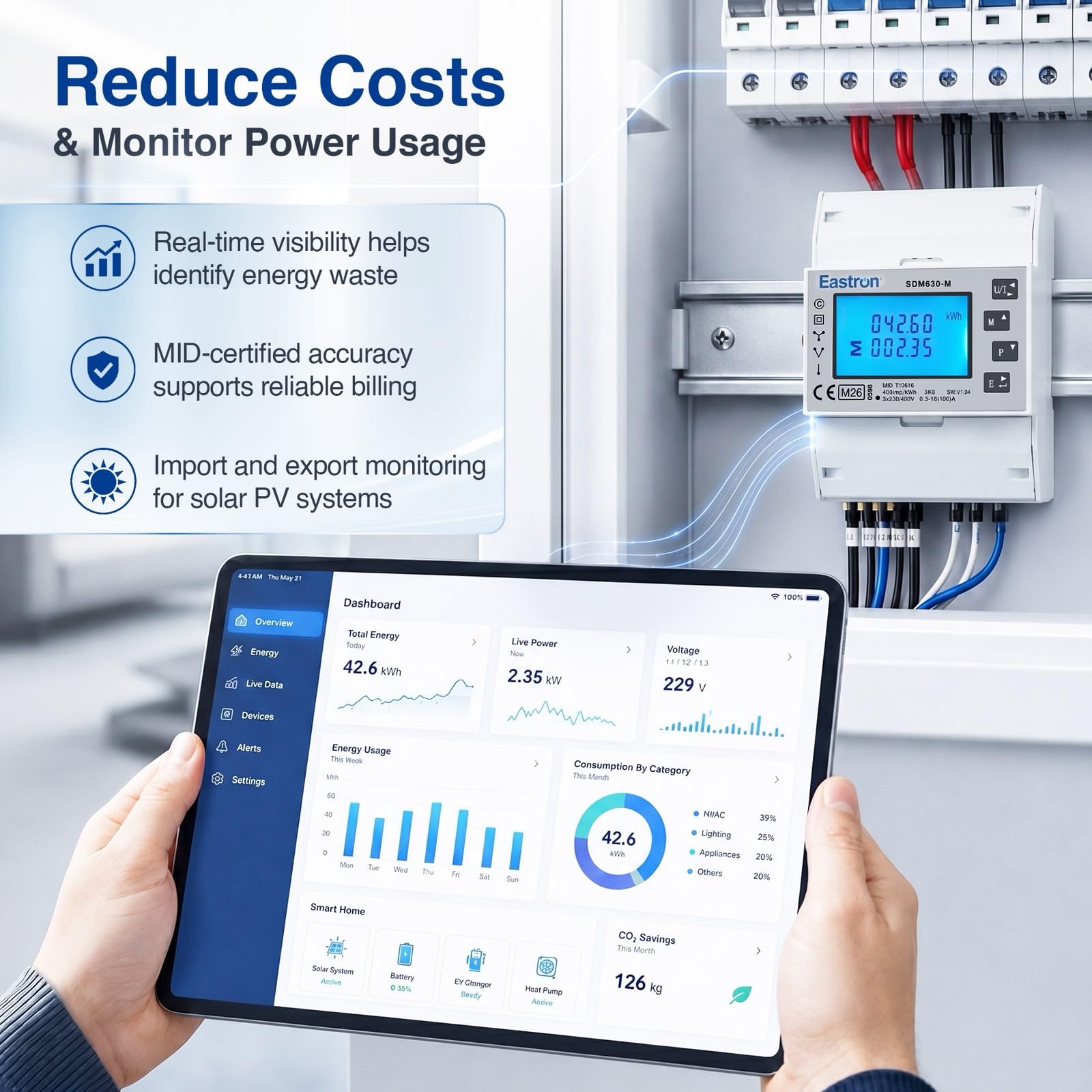 Eastron SDM630Modbus-V3 - Contatore di corrente trifase digitale per guida DIN, multifunzionale, bidirezionale con 2x S0, RS485 Modbus-RTU
