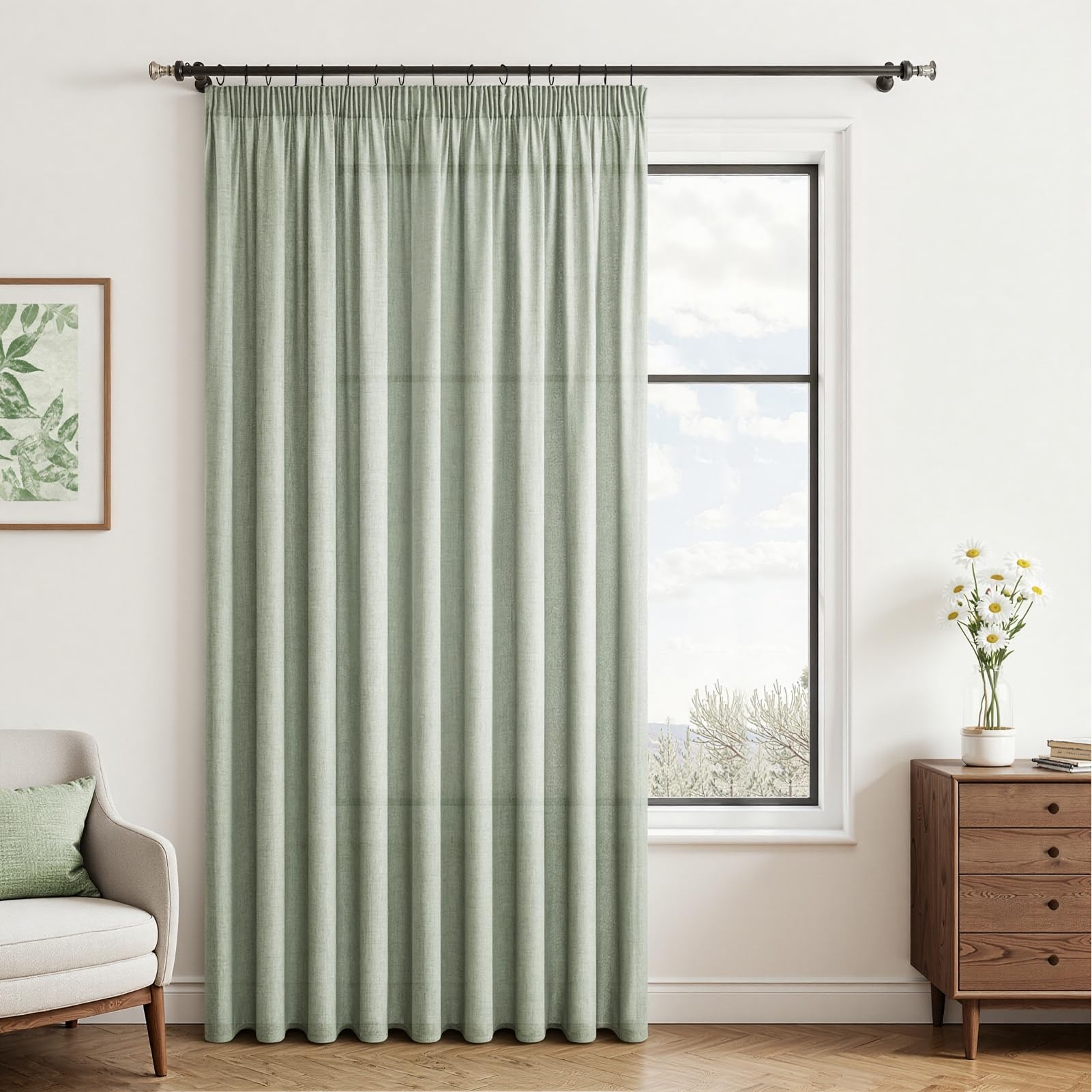 CUTEWIND Vorhang Wohnzimmer Leinen Grüne Vorhänge Vorhänge Kräuselband 245 x 200 cm (HxB) 1er Set, Vorhang Leinenoptik Vorhänge Salbeigrün Halbtransparent für Fenster Schlafzimmer Kinderzimmer