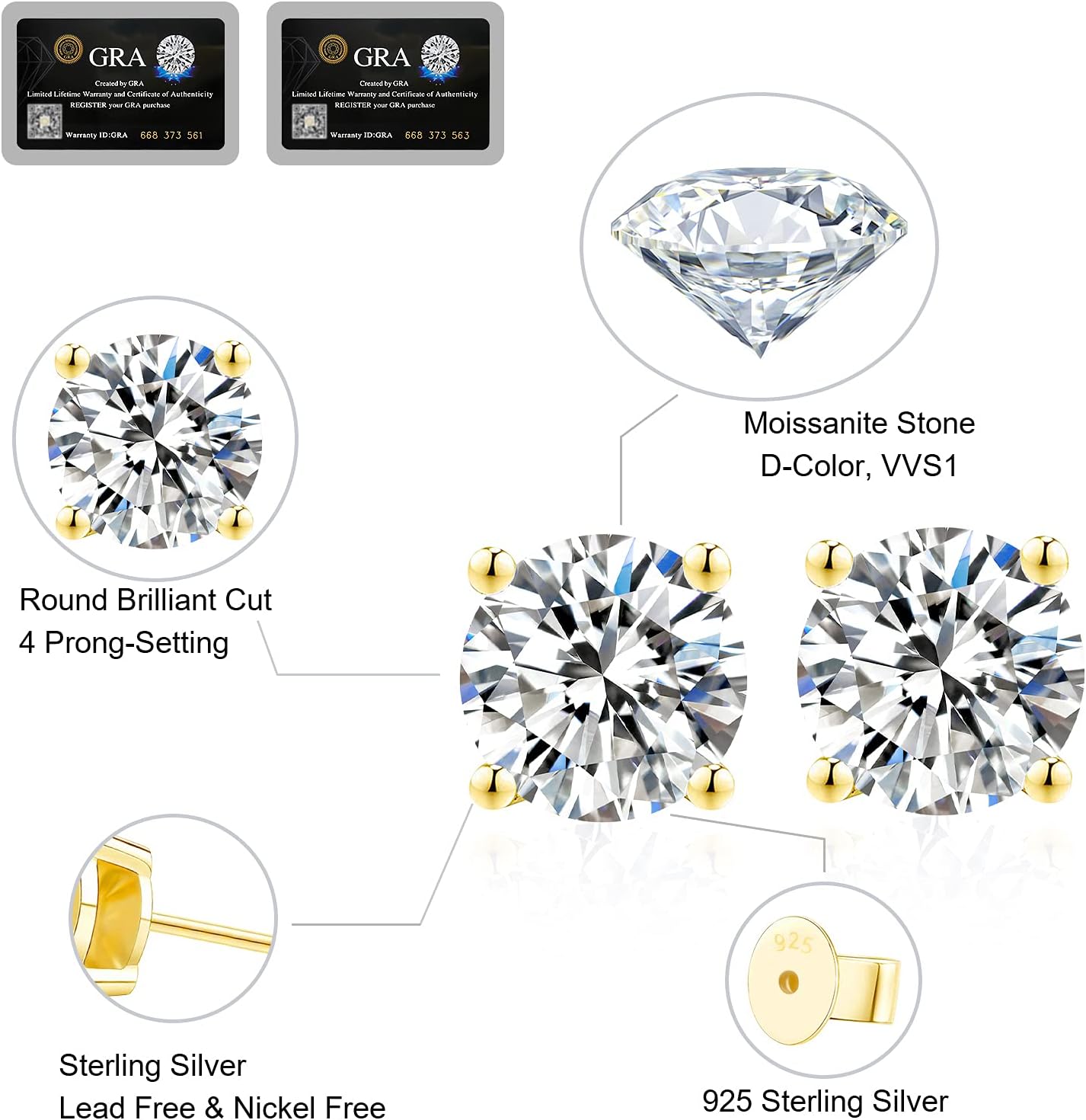 KRKCLIFE Moissanite Stud Earrings for Women Men, 0.6-3CT 14K Gold Plated S925 Sterling Silver Hypoallergenic, Birthday Gifts for Her Him Wife Mom, D Color VVS1 Lab Created Jewelry for Anniversary - Image 4