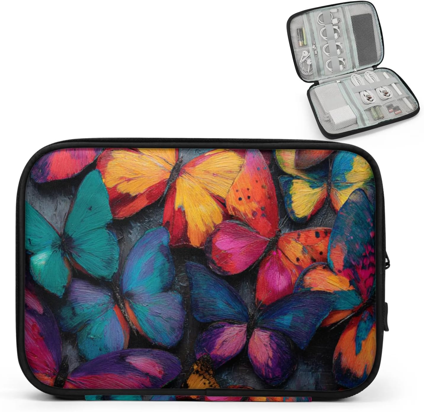 Travel Cable Organizer Pouch Colorful Butterfly Print Carry Case Portable Water Resistant Storage Bag for Cord Charger Phone Earphone SD Card