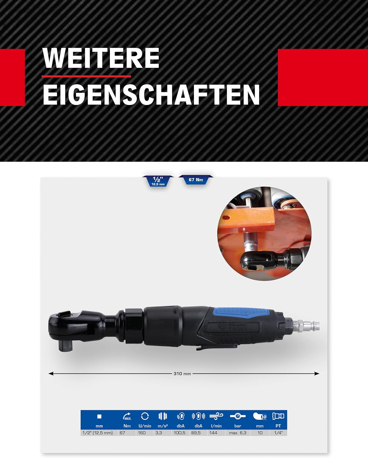BRILLIANT TOOLS BT160600 1/2 Inch Compressed Air Ratchet 67 Nm [Powered by KS Tools], 1