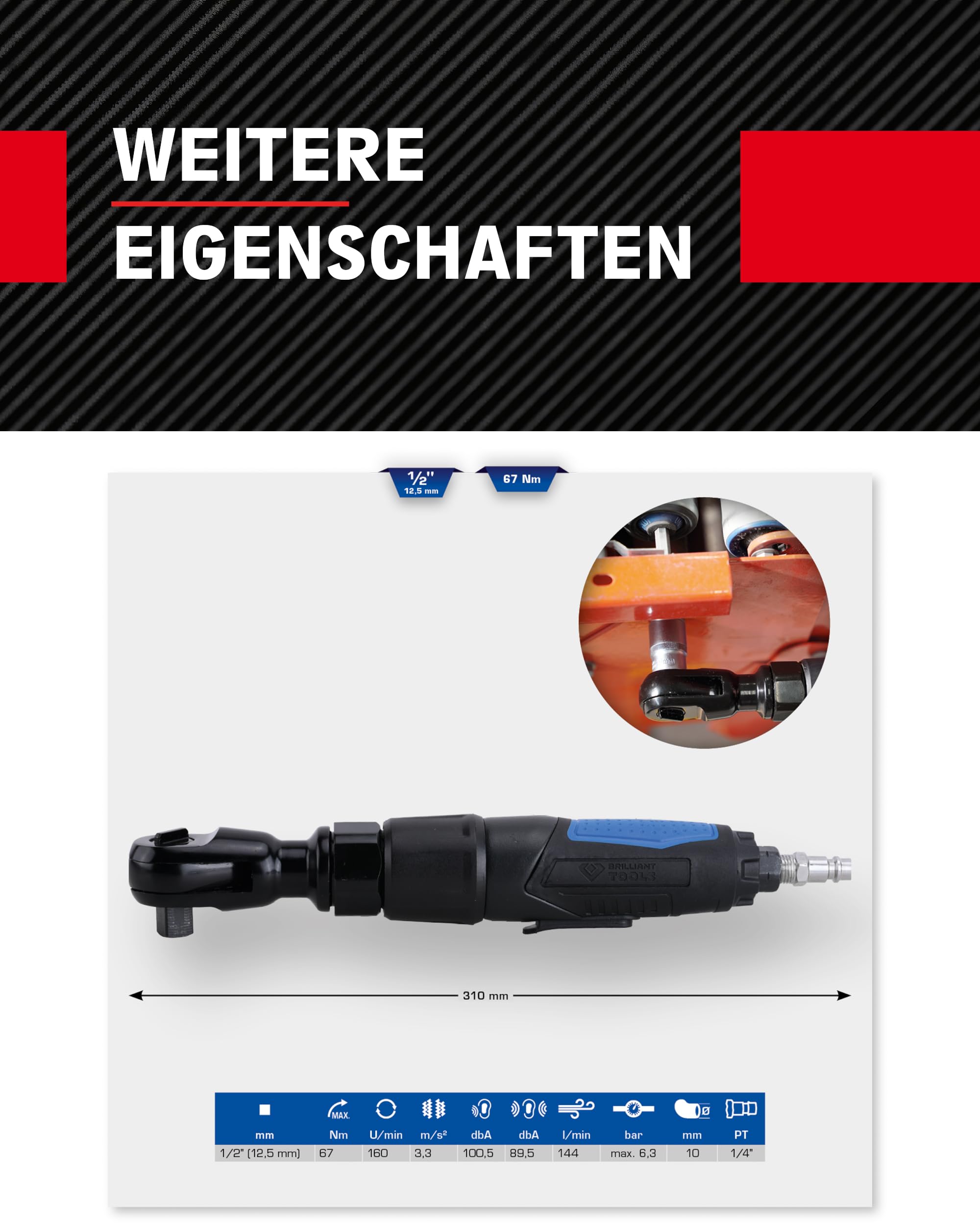 BRILLIANT TOOLS BT160600 Cricchetto ad aria compressa 1/2", 67 Nm [Powered by KS TOOLS]