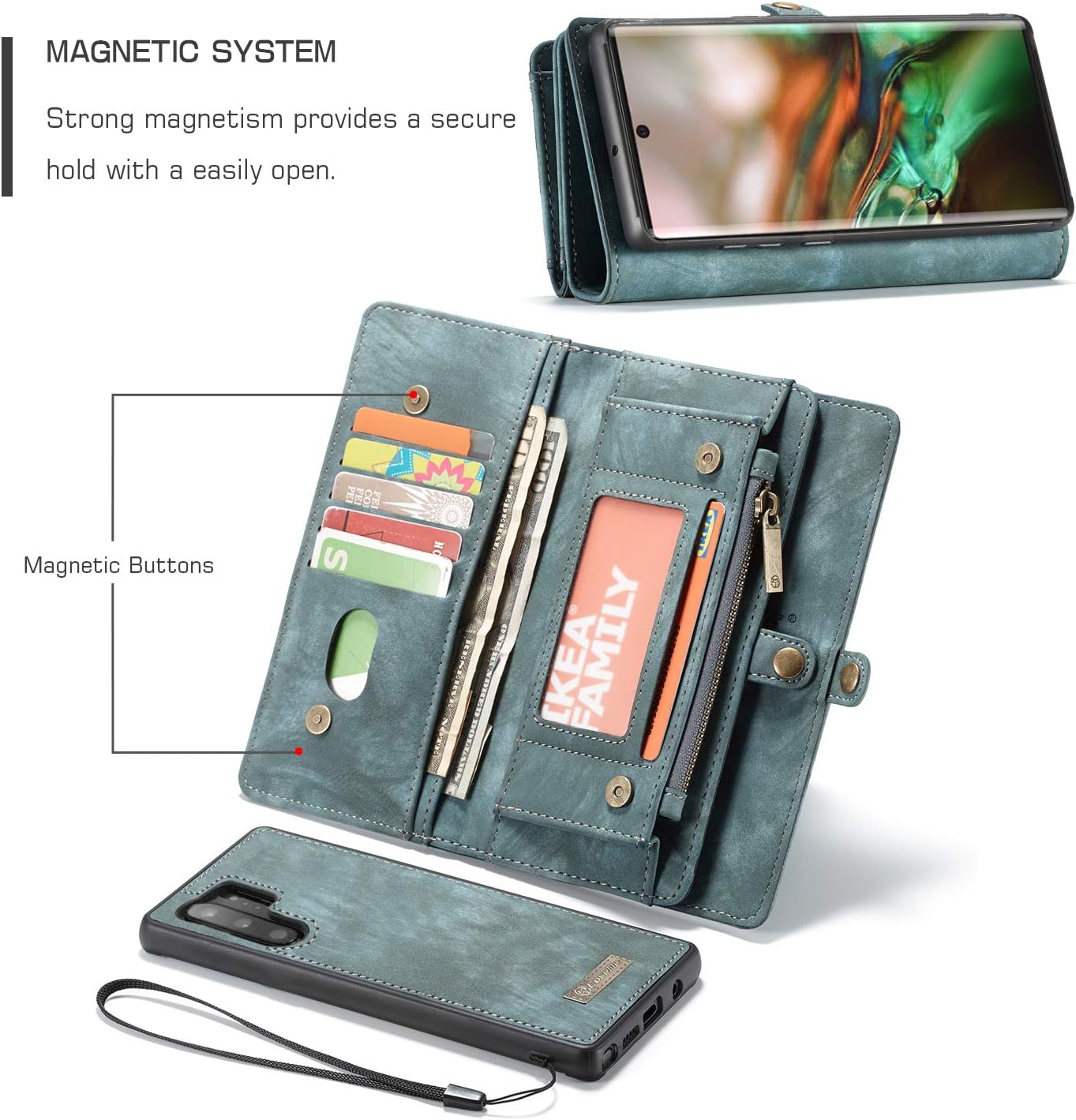 Best Review AKHVRS Galaxy Note10 Plus Wallet Case, Handmade Premium Cowhide Leather Wallet Case,Zipper Wallet Case [Magnetic Closure] Detachable Magnetic Case & Card Slots for Samsung Galaxy Note 10 Plus - Blue