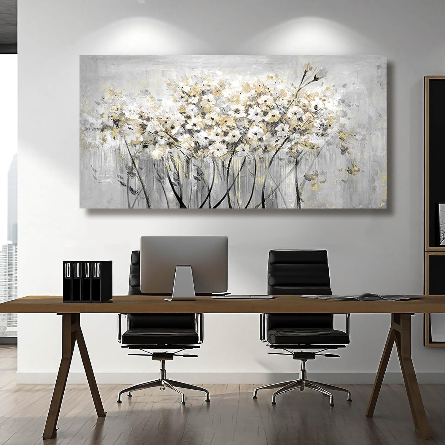 VAYIMDH Gold Pictures Wall Decor Living Room Wall Hanging White and Grey Vintage Posters Floral Photo Prints for Bedroom Dining Room 24x48 Inch