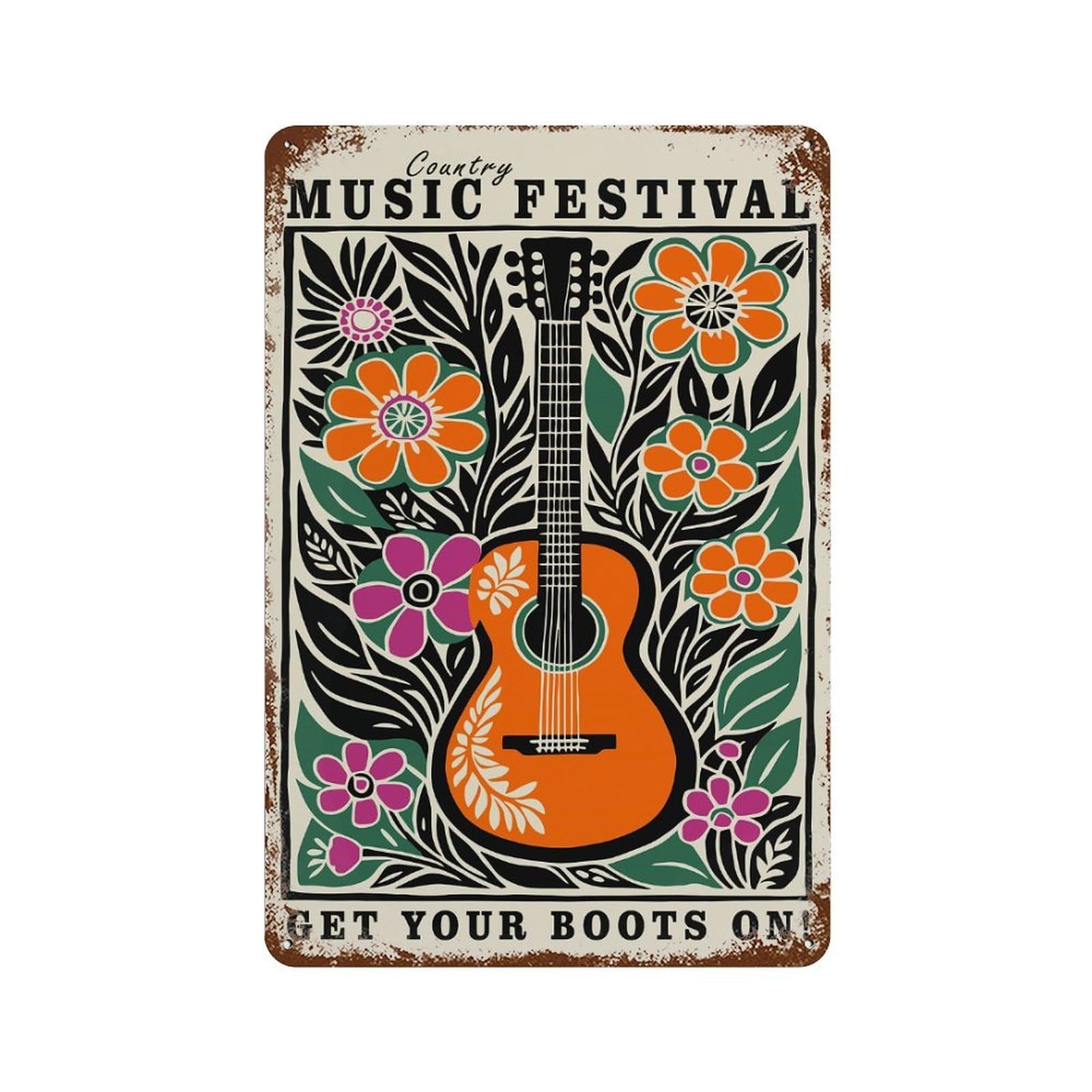 Country Music Festival Guitar Floral Art Distressed Metal Wall Sign 11.8"x7.9", Rustic Home Decor for Living Room, Hallway And Home Decor