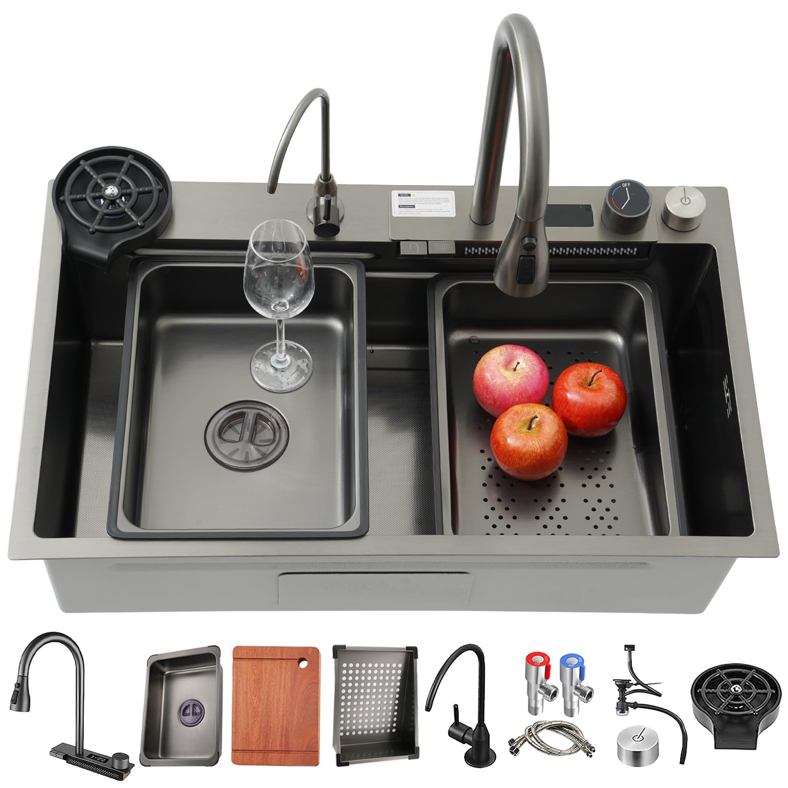 AYCDL Stainless Steel Workstation Kitchen Sink with Black Waterfall Faucet PullOut Tap Cutting Board & Full Accessories 70x50cm Single Bowl Design,Black-b-80x45cm
