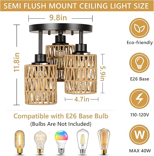 Miniatura 4 de Lámpara bohemia de 3 luces para techo, candelabro de ratán de granja, pantalla de jaula tejida a mano, luces de techo semiempotradas para