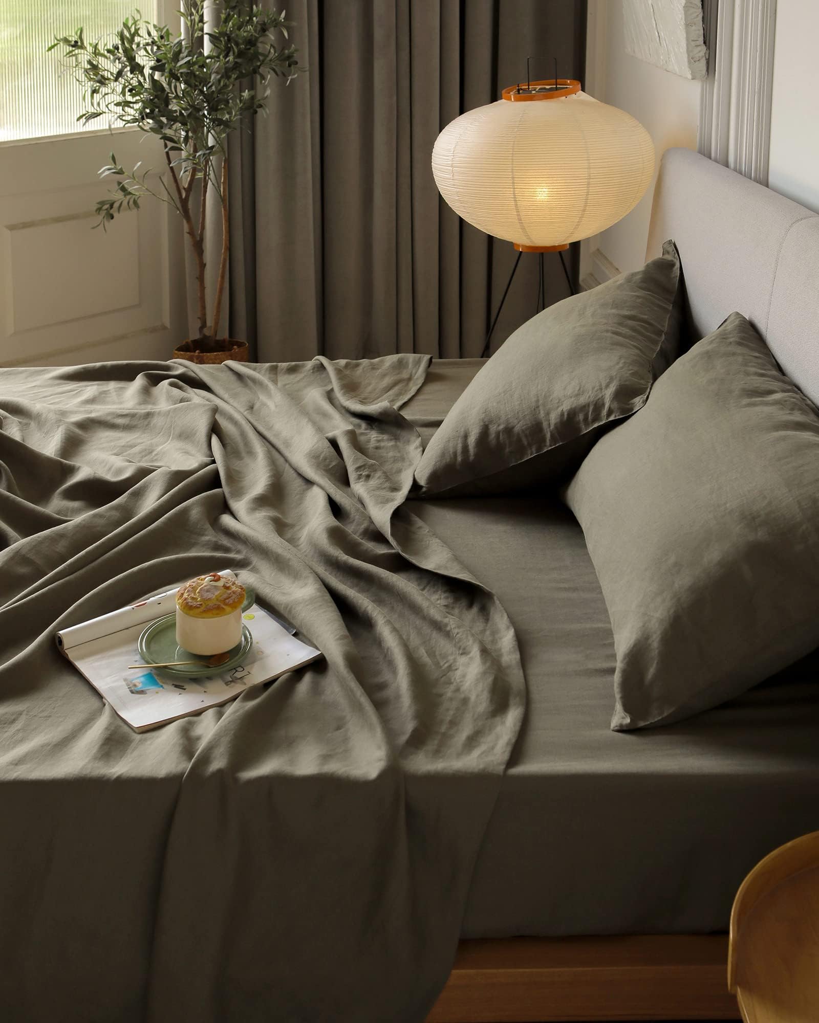 XZ XIFA Olive Green Linen Sheets Queen Size, 100% Washed French Flax Organic Linen Sheets, Breathable and Cooling Sheets for Hot Sleepers Queen Bed Sheets(1 Flat Sheet, 1 Fitted Sheet, 2 Pillowcases)