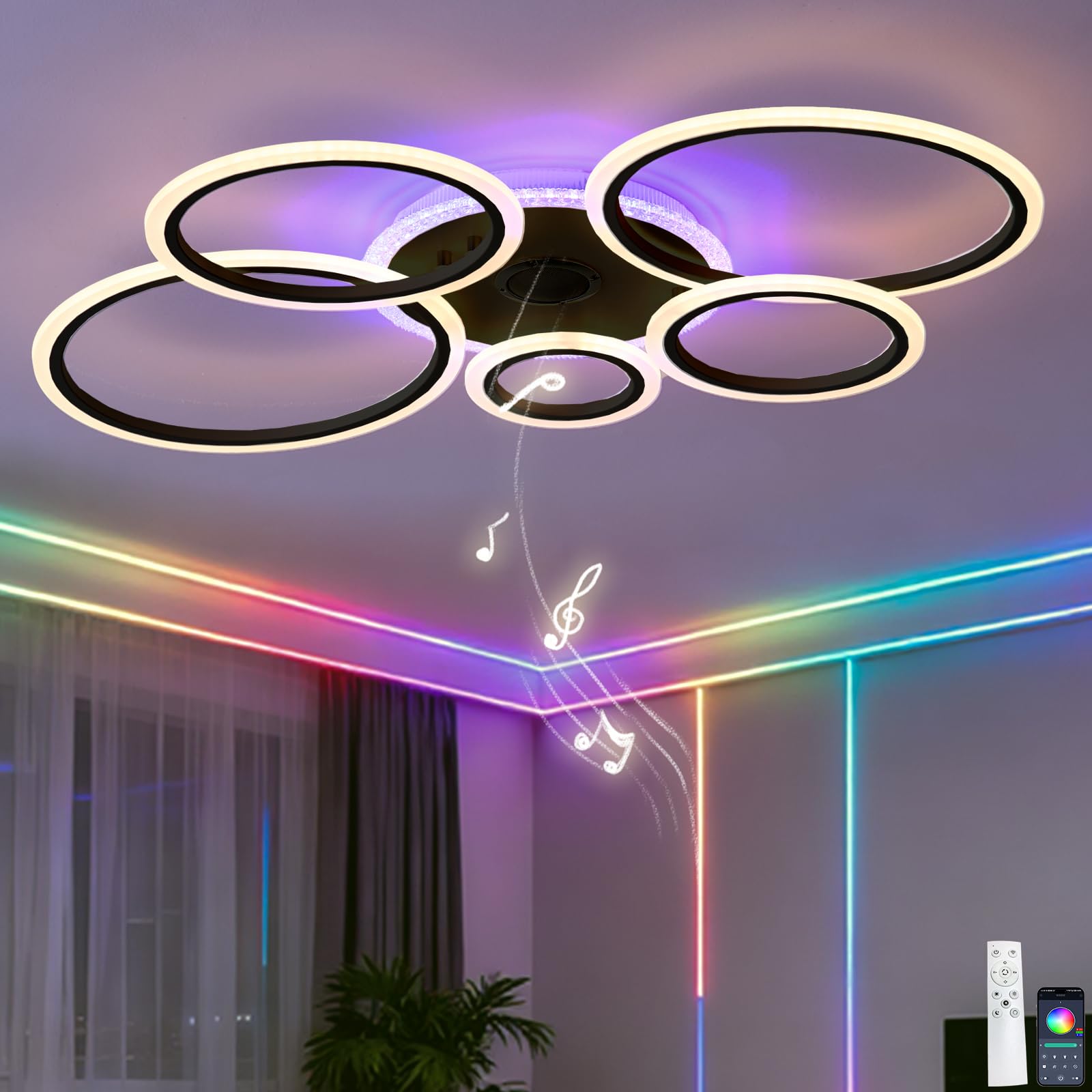Moderna LáMpara De Techo RGB Con Bluetooth Regulable Mediante Control Remoto Y AplicacióN Con FuncióN De Memoria Sin Parpadeos Inteligentes Para Dormitorios Cocinas Y Bares,Negro