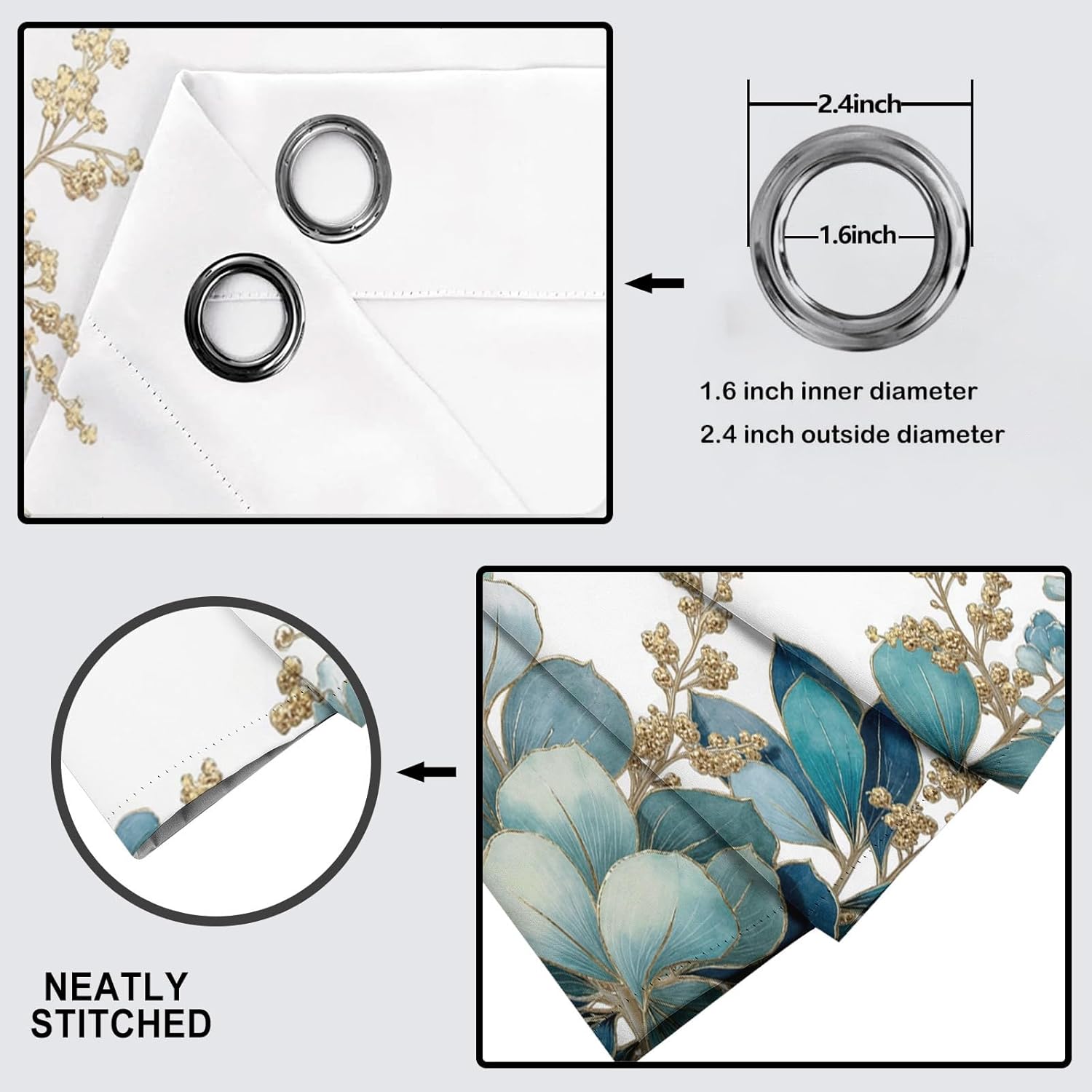 Blackout Curtains 54 Inch Length 2 Panels Set,Plant Leaf Painting Curtain Drapes for Living Room, Thermal Insulated Grommet Window Curtains - Hummingbird Small Gold Flower Pattern,Blue-Green