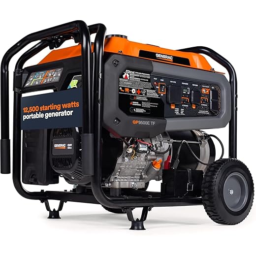 Generac 12,500 Starting Watt Tri-Fuel Portable Generator, Electric Start, Gas Propane Natural Gas, COsense Carbon Monoxide Detection, 9.5 Hour Runtime, Home Backup Emergency, 49-State Compliant
