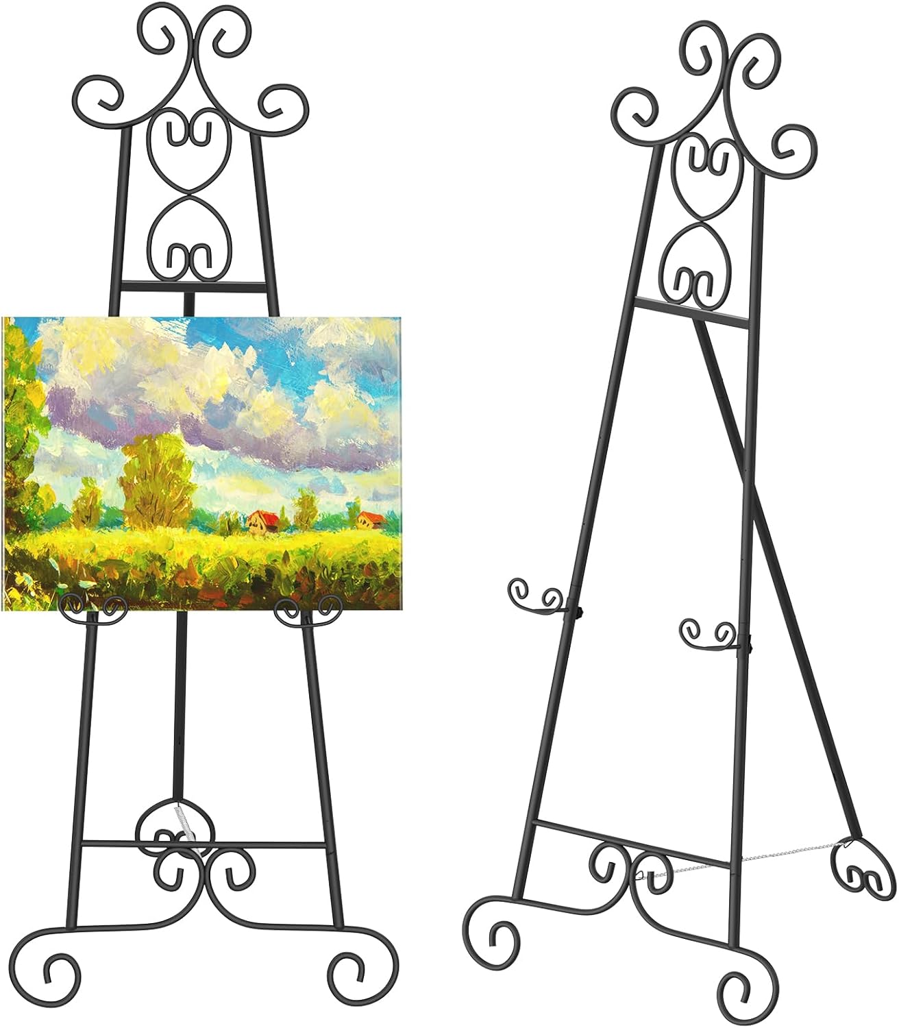 Easel Stand for Sign, Black Vintage Decorative Adjustable Floor Metal Display Easel with Chain Support for Wedding Signs, Art, Posters, Pictures, Welcome Signs, Suitable for Home, Parties, Galleries