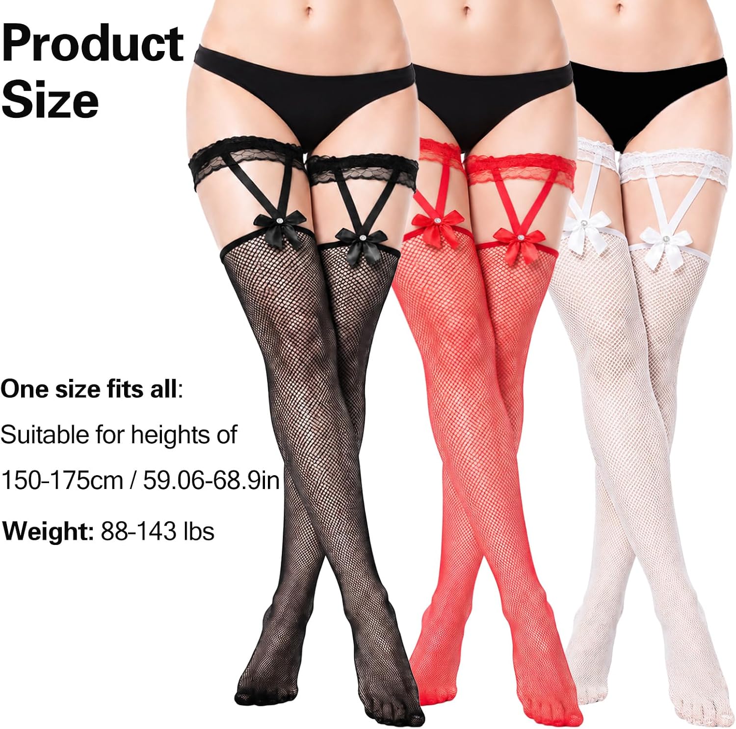 cobee 3 Pairs Bow Hold up Fishnet Stockings Fishnet Thigh High Stocking