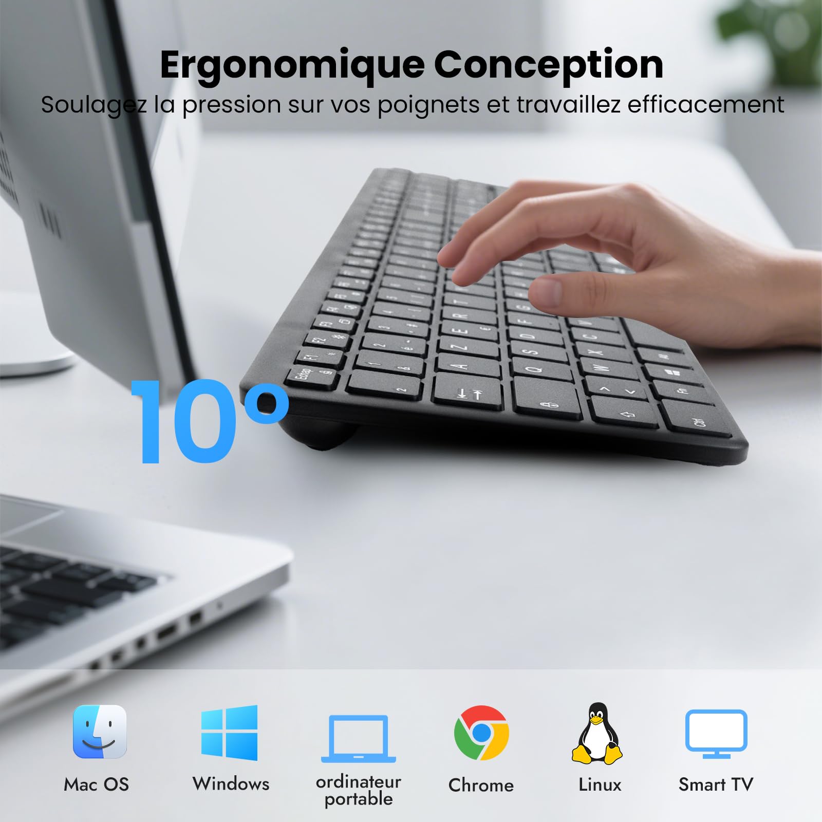 INFINMIND Clavier Sans Fil AZERTY, Ultra-Mince Clavier Silencieux Sans Fil avec 2,4 G USB Récepteur /Type-C,19 Raccourcis Multimédia Numérique Pavé Longue Batterie Autonomie pour Desktop,MAC,Windows