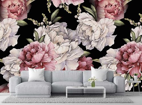 Miniatura 1 de Wmjurel Papel tapiz floral sin costuras de peonía de acuarela con fondo oscuro, gran mural de pared para decoración de dormitorio y sala de estar