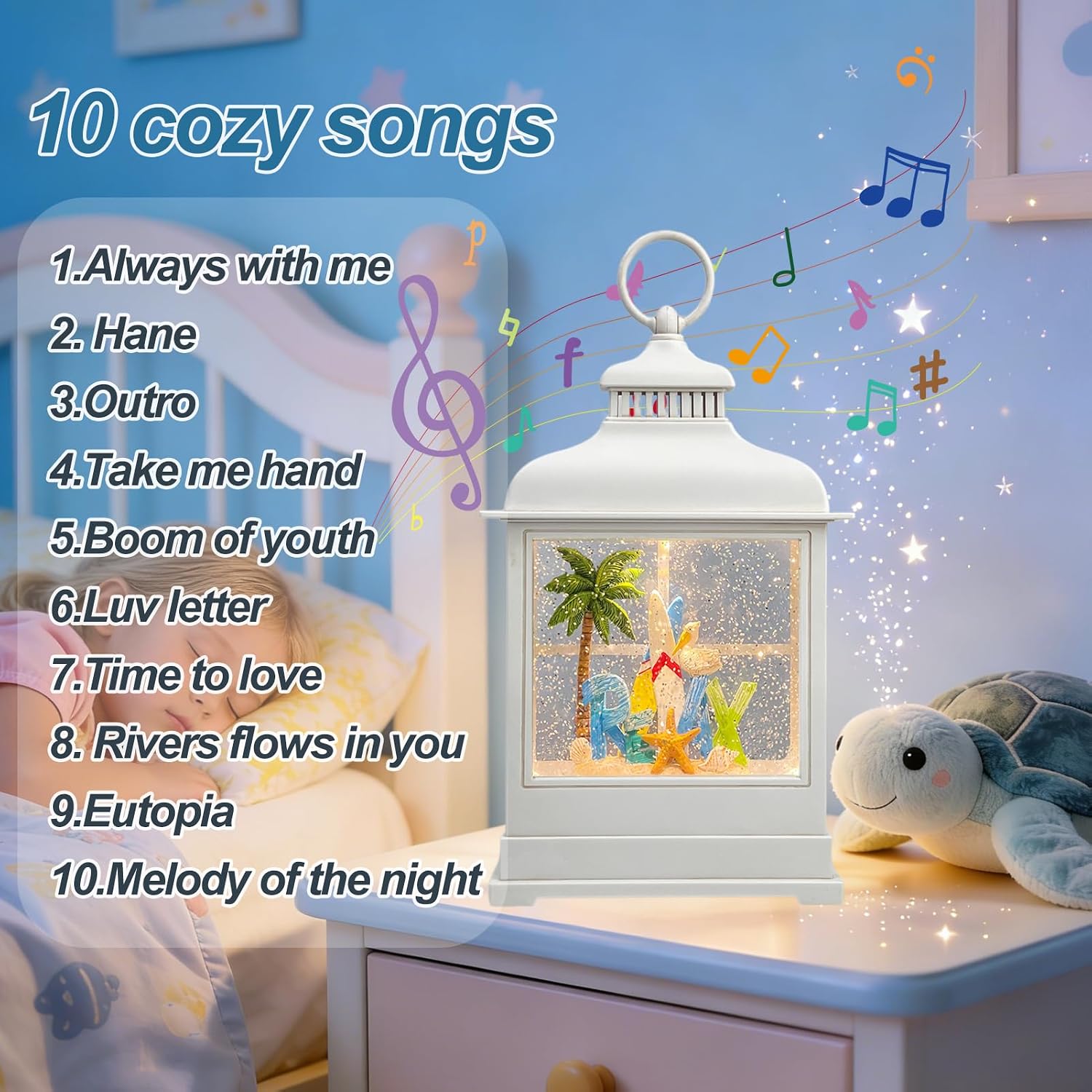 Tropical Beach Vacation Themed Snow Globe Lantern with Music - USB or Battery Powered Light Up Water Lantern with Surfboard Swirling Glitter Water Globe Costal Ocean Decor (Coconut Tree)