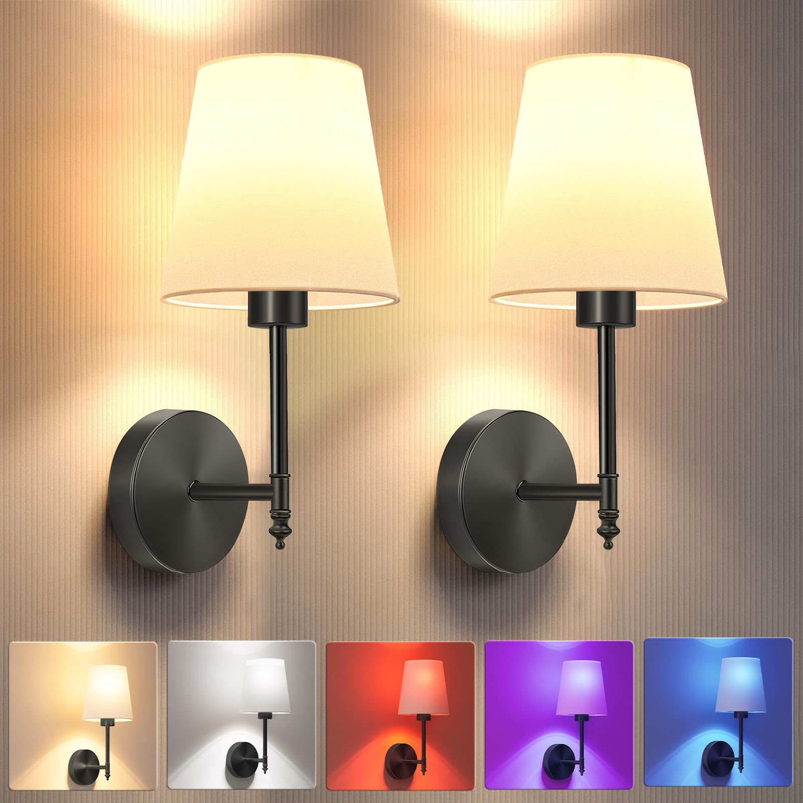 Battery Operated Wall Sconce Set of 2,Black Wireless Wall Sconce with 5200mAh Dimmable Detachable Bulbs and Remote, 10 Colors Rechargeable Sconces Decor for Bedroom Living Room Hallway