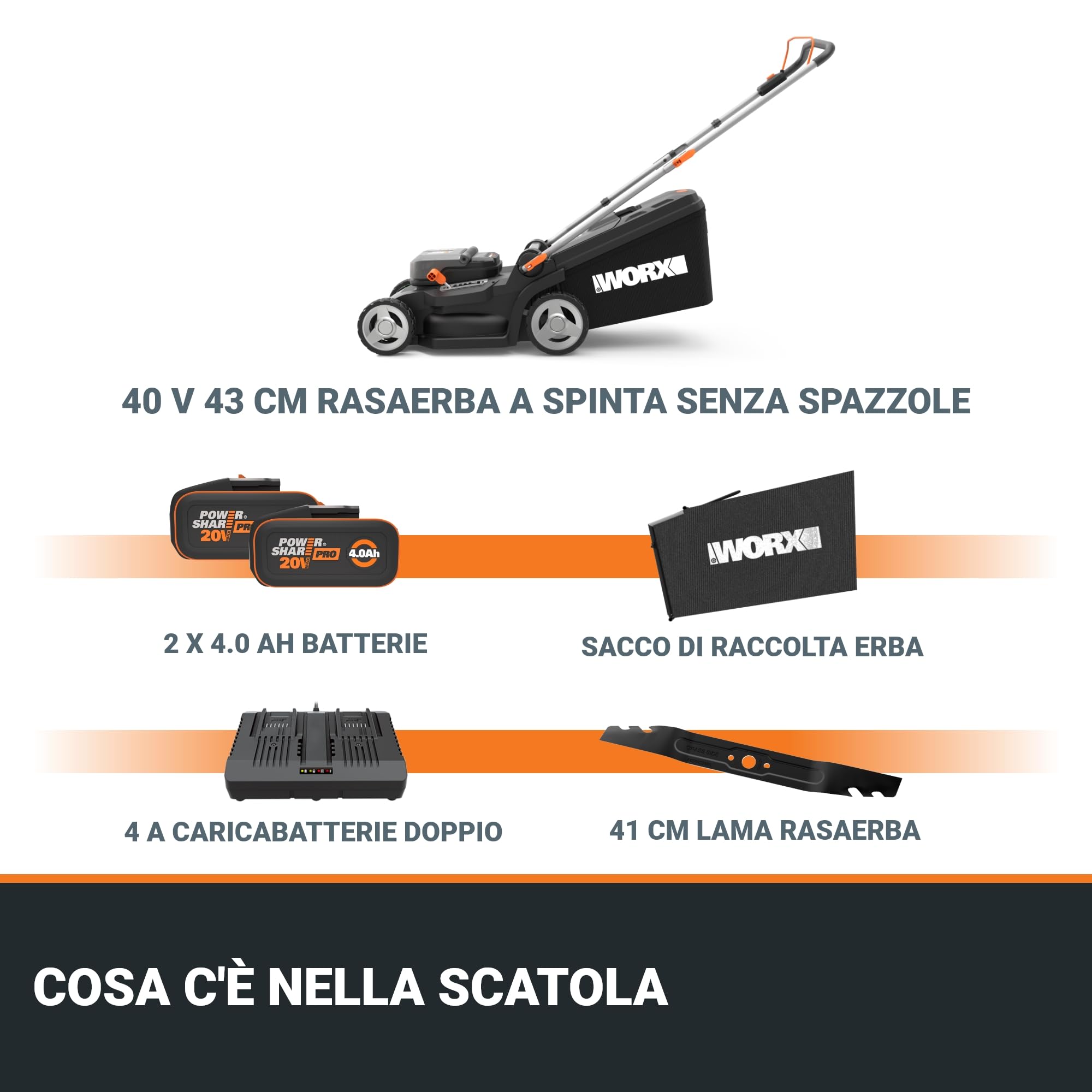 WORX Nitro WG745E, tosaerba a batteria 40V, 2 batterie 20V da 4Ah Pro incluse, superficie massima 600 m², diametro 41 cm, 50 l, taglio fino ai bordi, 6 altezze di taglio, taglio classico