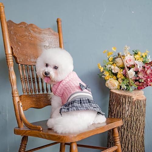 Miniatura 5 de PAWCHIE Vestido suéter para perro con corbatín, suéter de punto de cuello alto para perros pequeños y niñas, suéter de clima frío con agujero para