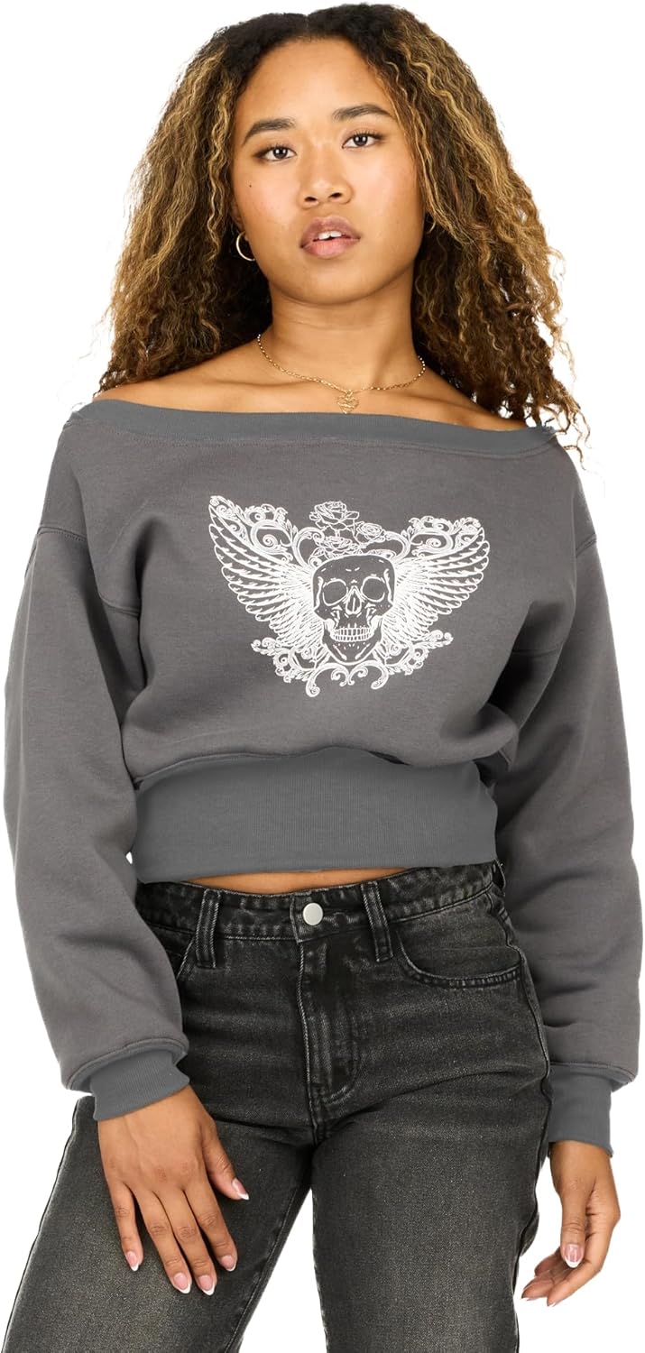 Forever 21 womens Off-shoulder Fleece Sweatshirt Crewneck With Graphic Print