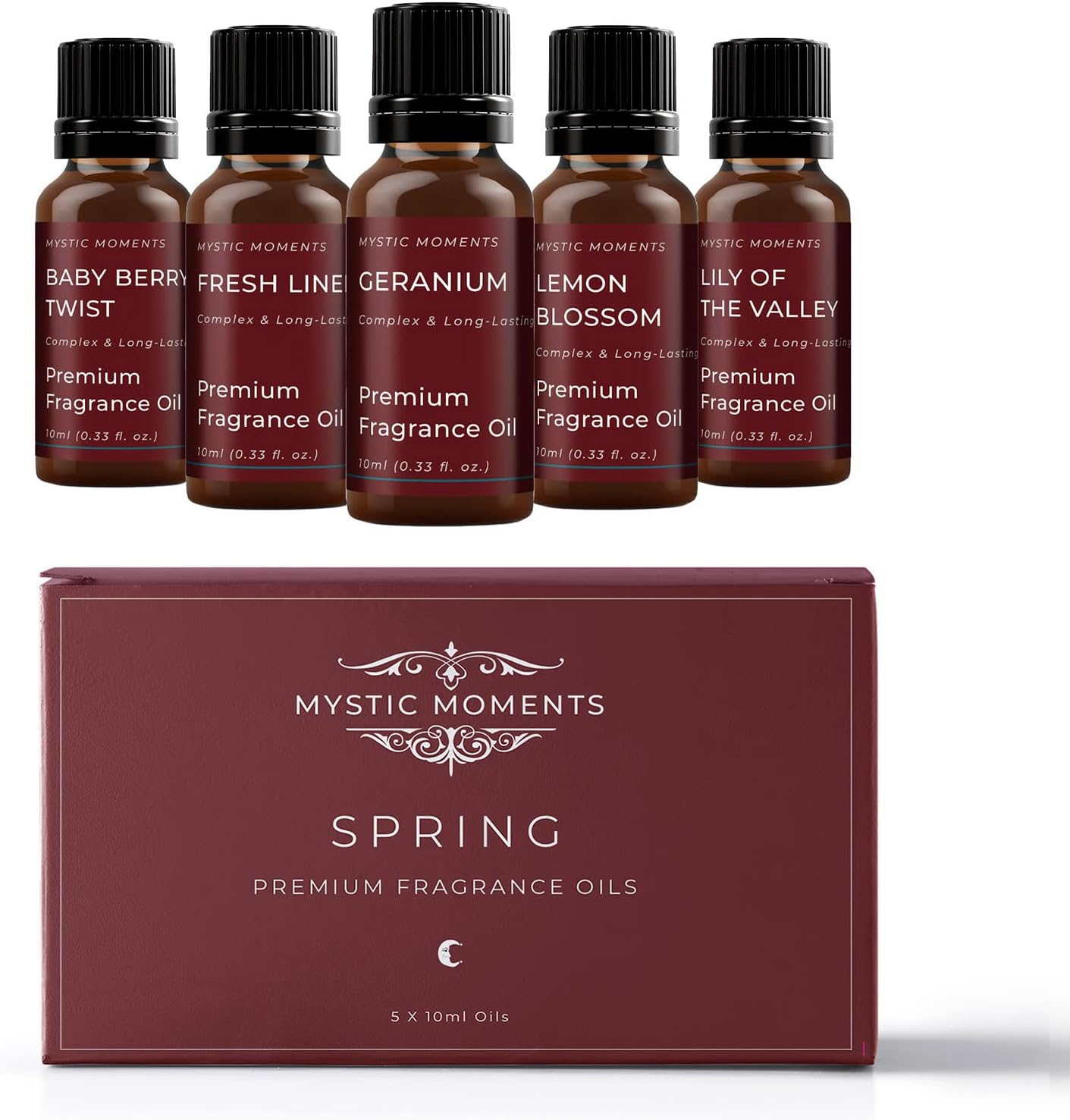 Mystic Moments | Spring Fragrance Oil Gift Starter Pack 5x10ml | Baby Berry Twist, Fresh Linen, Geranium, Lemon Blossom, Lily of the Valley | Perfect as a gift
