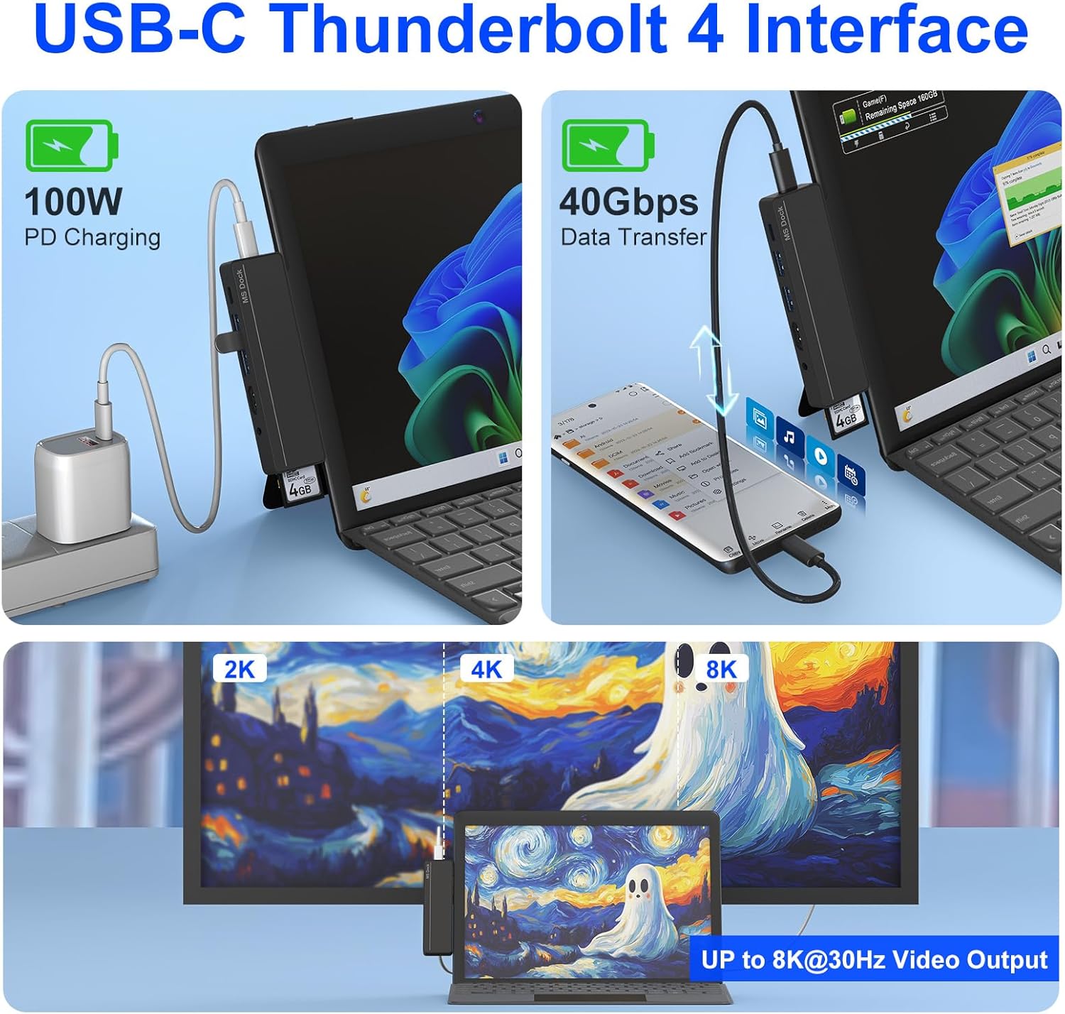 Surface Pro 8/9/X/10 Dongle - Surface Pro 9 Adapter with 4K HDMI, Thunderbolt 4 (8K@30Hz Video+40G Data+100W PD), USB 3.0, SD/TF Reader, 3.5mm Audio Surface Pro 9 Docking Station Hub