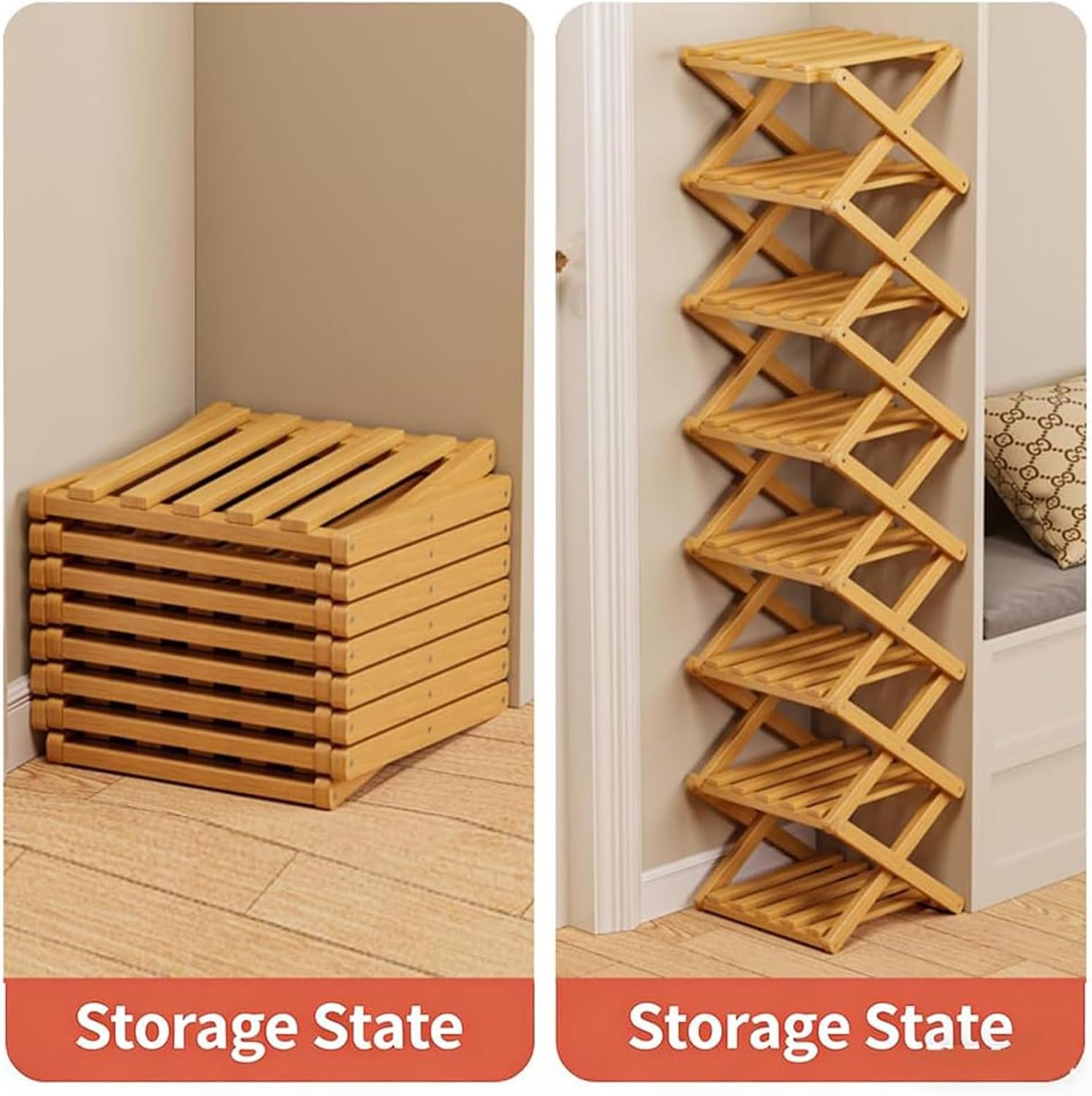 Foldable Bamboo Shoe Rack, No-Assembly Vertical Storage Shelf for Small Spaces, Multi-Purpose Organizer for Entryway, Closet & Home Decor (9 Tier,Natural)