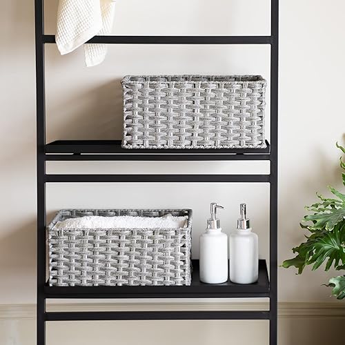 Miniatura 7 de Paquete de 2 cestas de mimbre  Cesta de almacenamiento grande con asas, impermeable, para organizar, 15 y 14 pulgadas, mediana, color gris