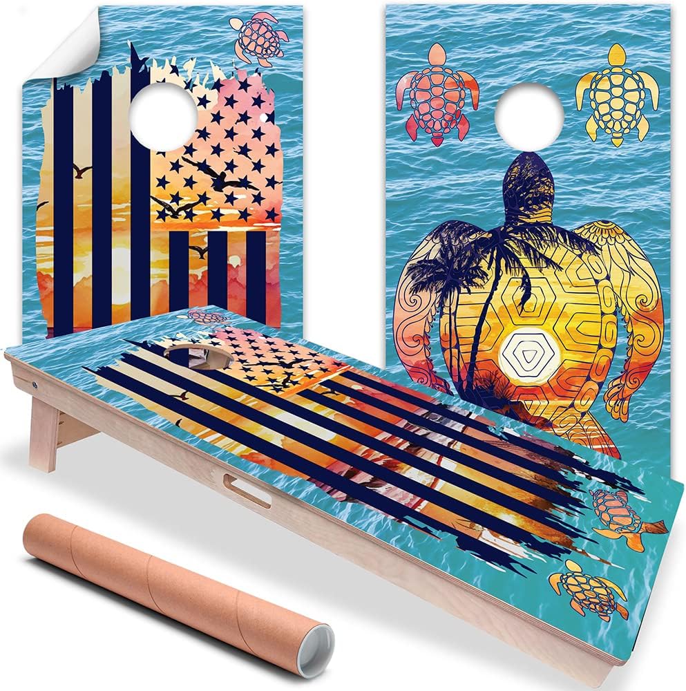 Cornhole Board Wrap and Decal for Board Set of 2 Skin Professional Vinyl Cover Sticker-Sunset Sea Turtle and American Flag Art Beach House Cornhole Decal for Boards Covers Sticker Cornhole Vinyl Wraps