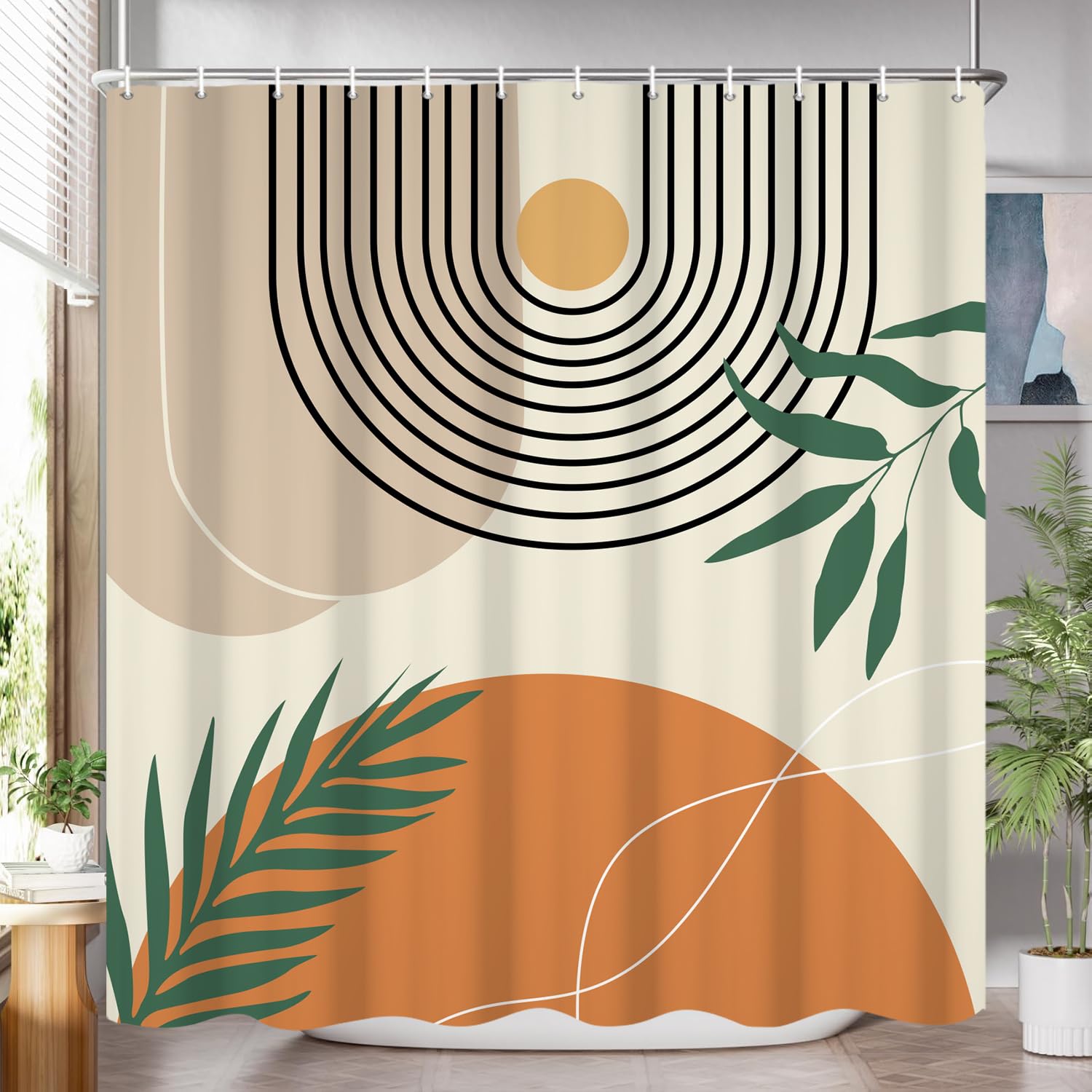 GCIREC Shower Curtain, 180x180cm, Orange Gray Boho Mid Century Modern Abstract with Green Leaf Waterproof Fabric Machine Washable Bathroom Curtain with Hooks