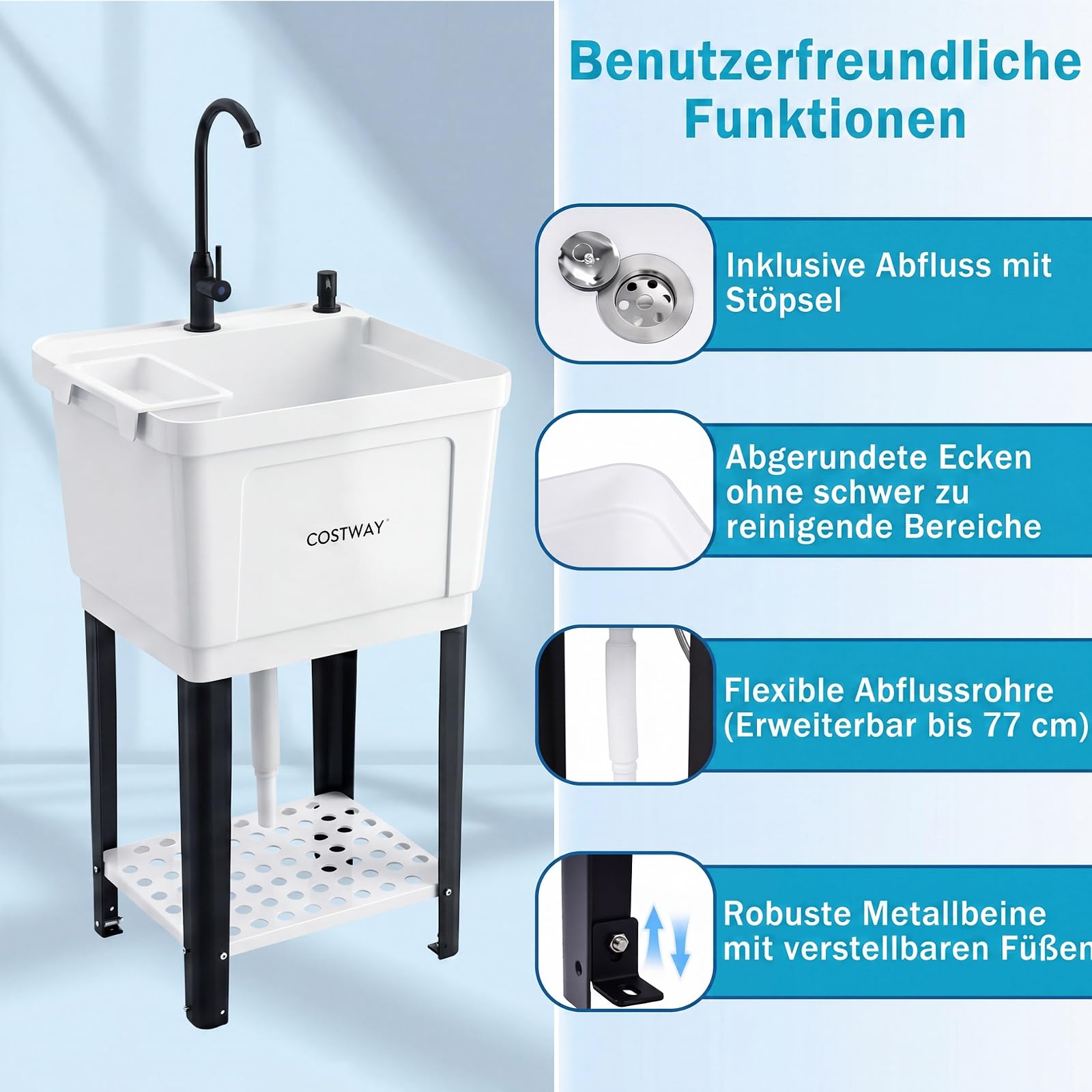 COSTWAY Ausgussbecken, Waschbecken mit Ablage, Abtropff & 360° Wasserhahn, inkl. Abflussgarnitur, Spülbecken für Garage Garten Waschküche, Küchenspüle aus Kunststoff Metall, 50,5 x 48 x 120,5 cm, Weiß