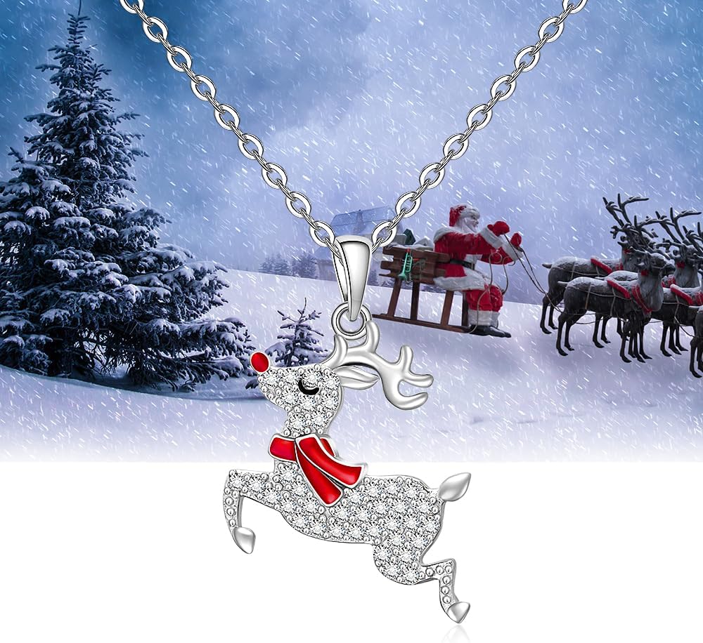 Fenthring Christmas Reindeer Necklace for Women Sterling Silver 925 Christmas Pendant Red Reindeer Necklace Silver Christmas Gifts - Image 4