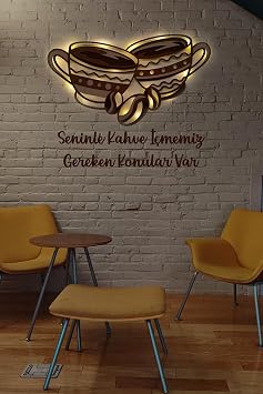 Led I kl  3 Katmanl  Ki iye  zel Kahve Fincan  Fig rl  Tablo Mutfak Ve Cafe Duvar Dekorasyonu Sar  50 cm