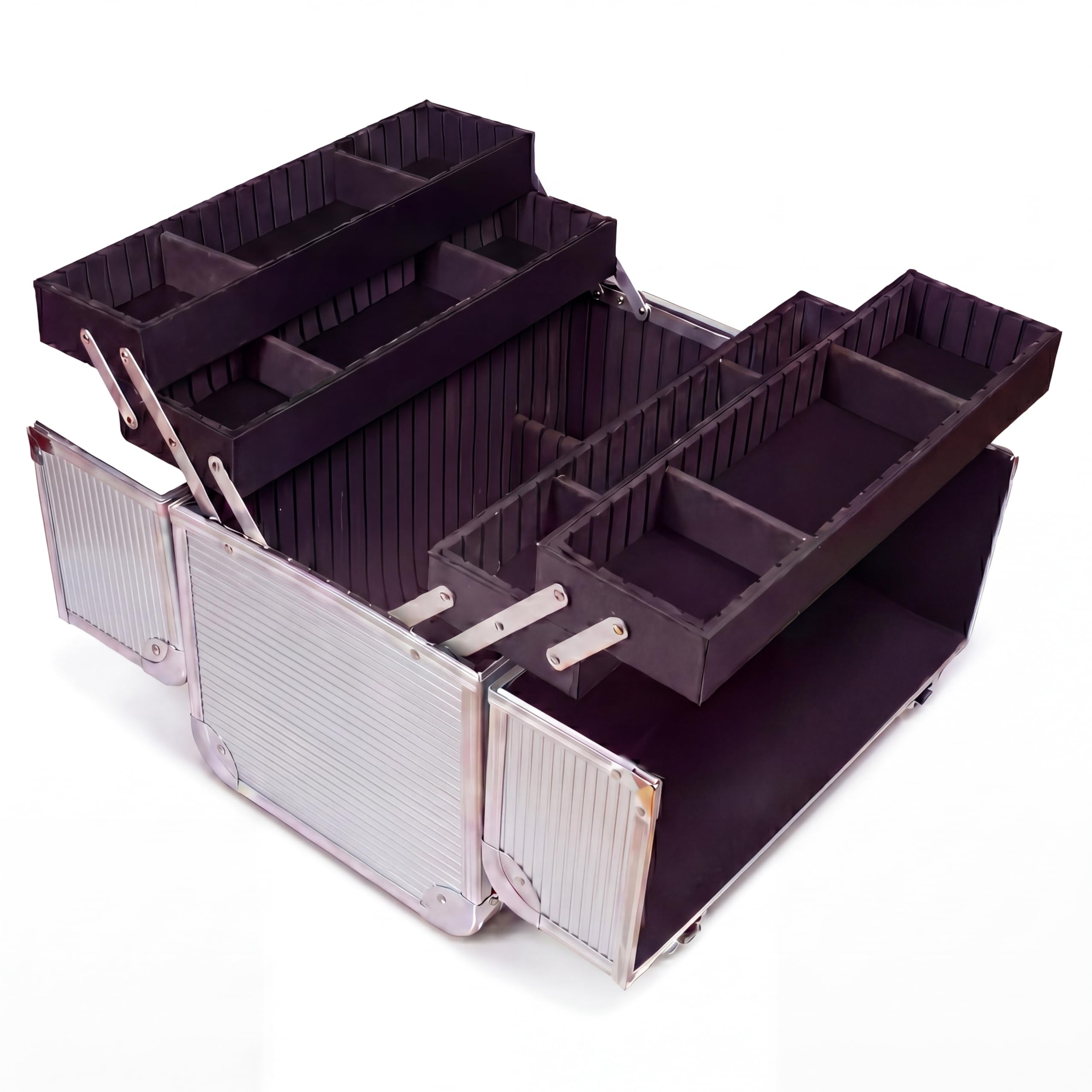N&BF Kosmetikkoffer Groß Silber Alu abschließbarer Schminkkoffer Beautycase Aluminium Nagelkoffer 4 Ausklappfächern Makeup Koffer 36,5 x 22,5 x 35,5 cm