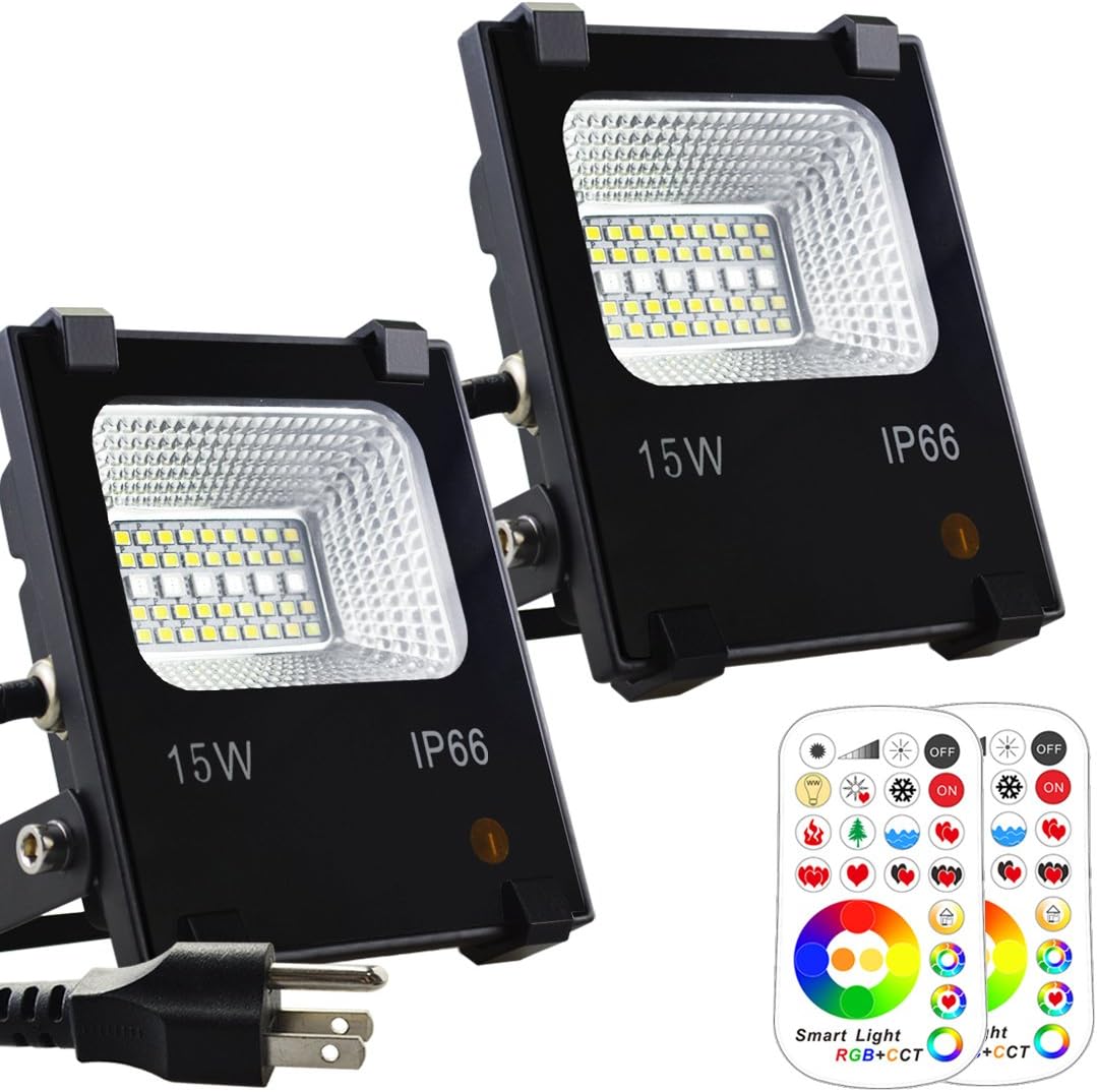 Yangcsl LED Flood Light Outdoor, 15W Color Changing Floodlight with Remote, 120 RGB Colors, Warm White to Daylight Tunable, IP66 Waterproof, US 3-Plug, 2 Pack