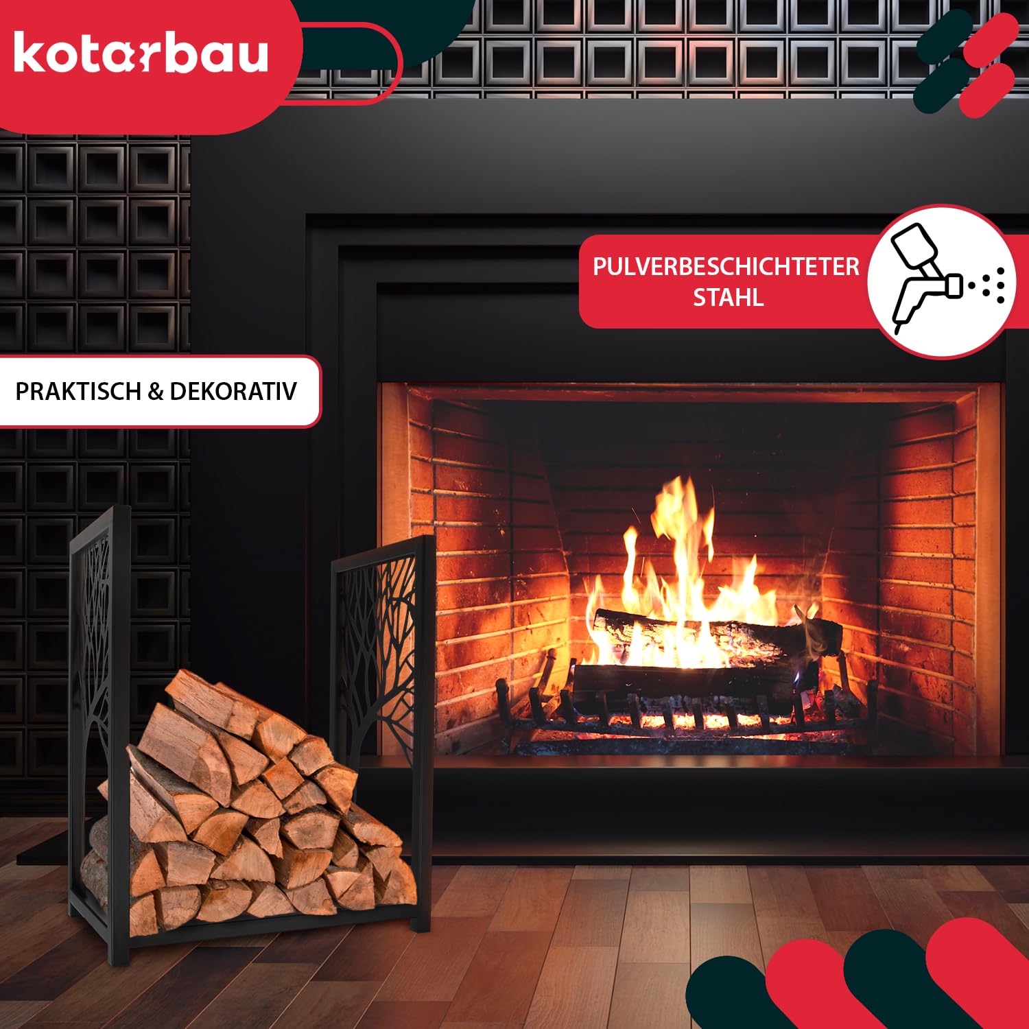 KOTARBAU® Leñero Interior - Cesta Leña Chimenea - Acero Revestido - 50 x 30 x 60 cm - Soporte para Leña - Moderno - Decorativo - Almacenamiento - Robusto - Negro