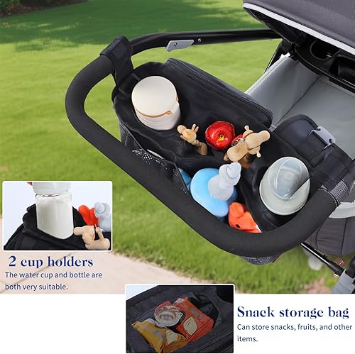 Miniatura 3 de Organizador de cochecito con portavasos aislado, organizador universal para cochecito de bebé, bolsillos con cremallera para teléfono, correas