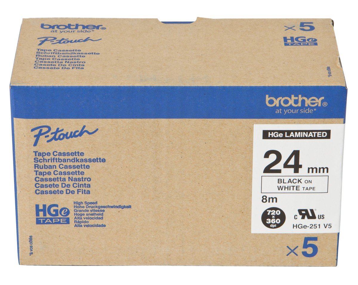 Brother HGE251V5 - HGE-251V5 Black on White 8M x 24mm High Grade Tape 5pk