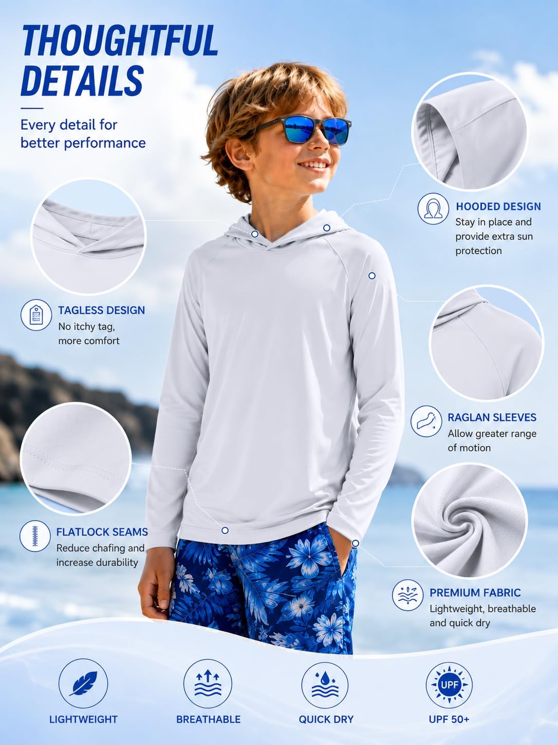Boys Lightweight Pullover Hoodie Kids Sweatshirt UPF 50+ Workout Shirts