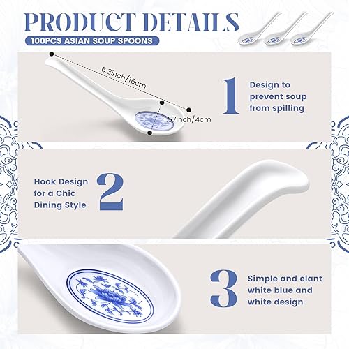 Miniatura 8 de Hushee 100 cucharas de sopa asiáticas de melamina a granel, cucharas de sopa japonesas grandes, cucharas de sopa china, cucharas blancas de ramen,