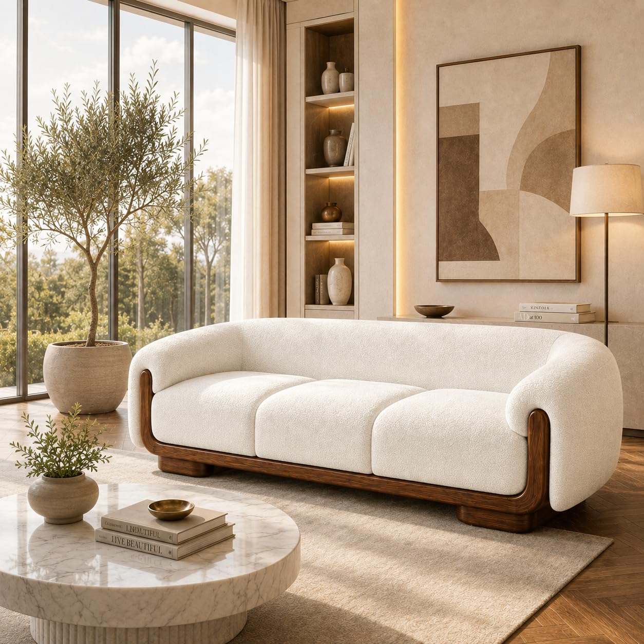 Modern Curved Sofa | Premium Fabric Upholstered Living Room Couch with Solid Walnut Wooden Base | Luxury Contemporary Designer Sofa for Home, Apartment & Office-image-39